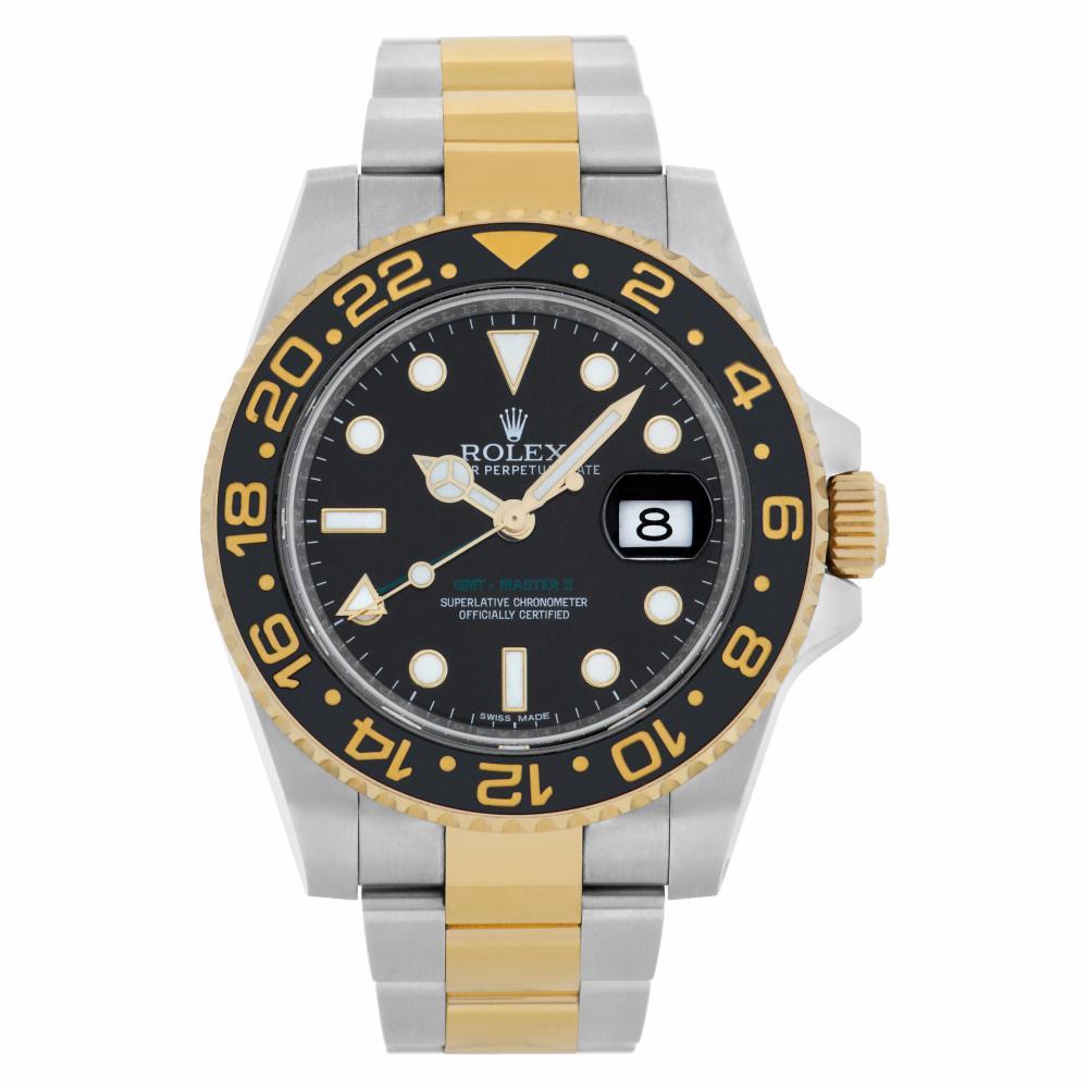 Rolex GMT-Master II in 18k yellow gold & stainless steel with ceramic bezel. Auto w/ sweep seconds, date and dual time. 40 mm case size. Ref 116713. **Bank wire only at this price** Fine Pre-owned Rolex Watch. Certified preowned Sport Rolex