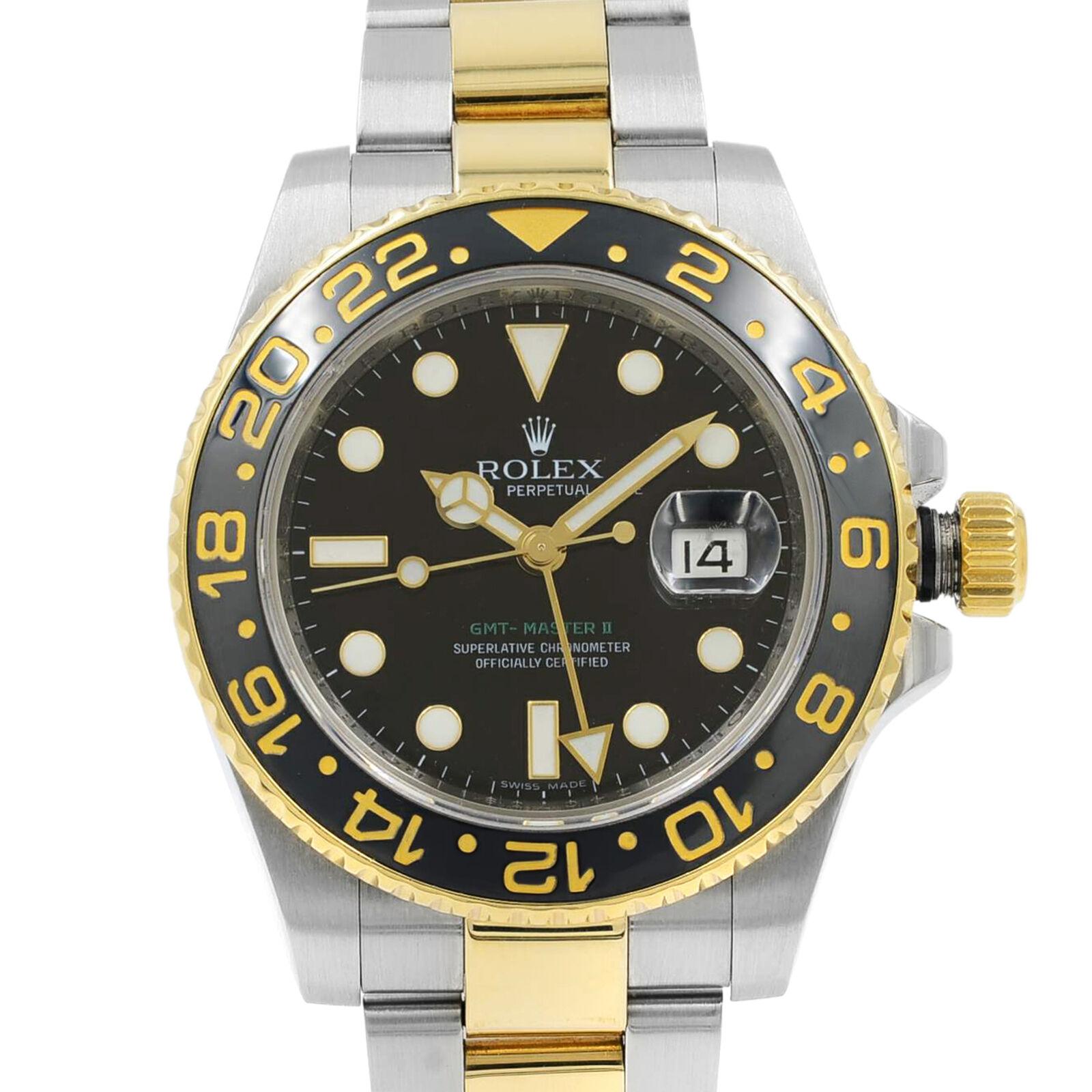 This pre-owned Rolex GMT-Master II 116713 is a beautiful men's timepiece that is powered by an automatic movement which is cased in a stainless steel case. It has a round shape face, date dial and has hand sticks & dots style markers. It is