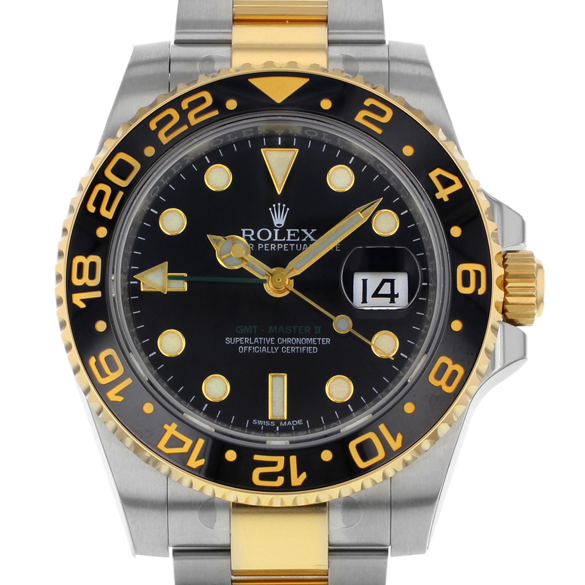 This brand new Rolex GMT-Master II 116713LN is a beautiful men's timepiece that is powered by an automatic movement which is cased in a stainless steel case. It has a round shape face, date, dual time dial and has hand sticks & dots style markers.