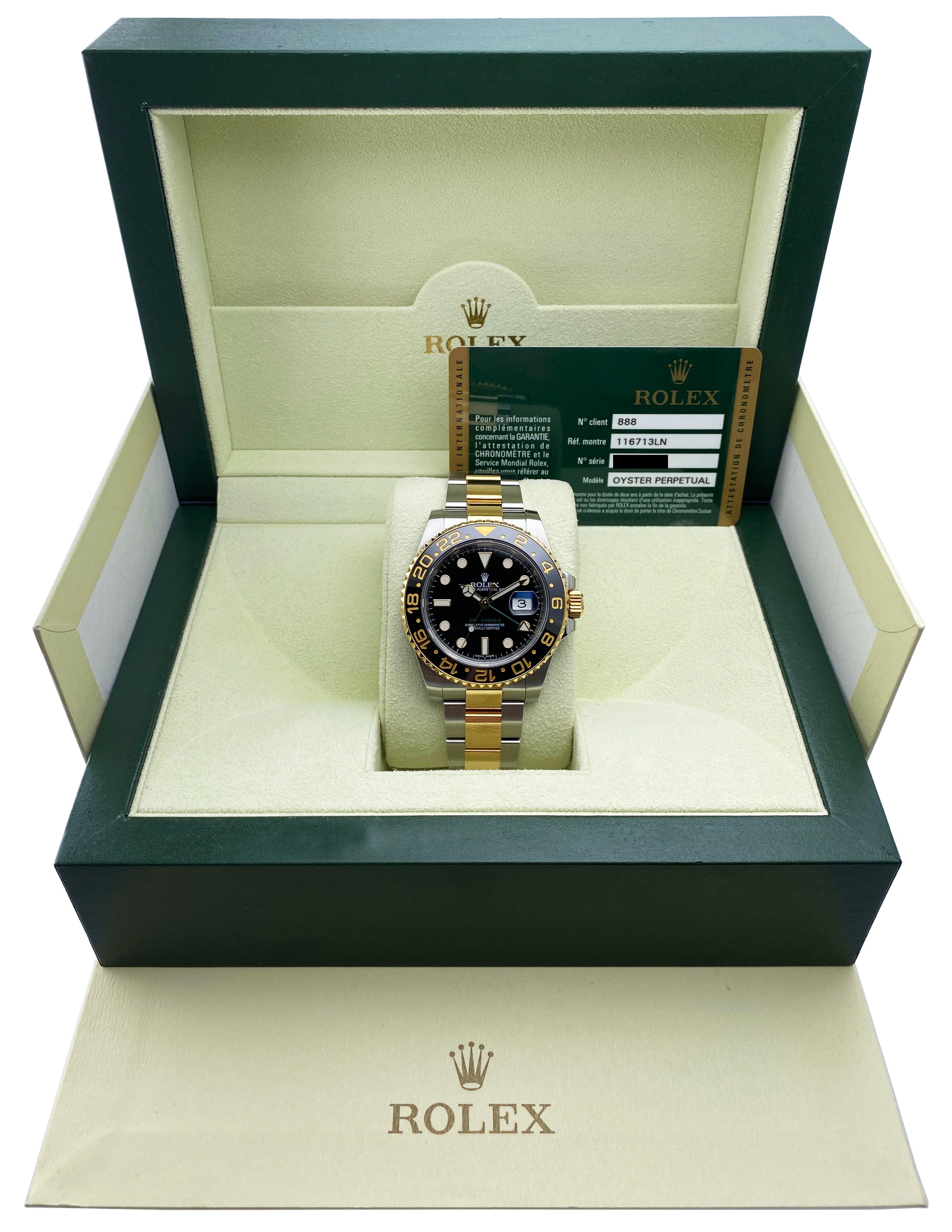 Rolex Oyster Perpetual GMT Master II 16710LN Mens Watch. 40mm stainless steel case. 18K yellow gold bidirectional bezel with black ceramic insert. Black dial with luminous Mercedes steel hands and index hour markers. Minute markers on the outer