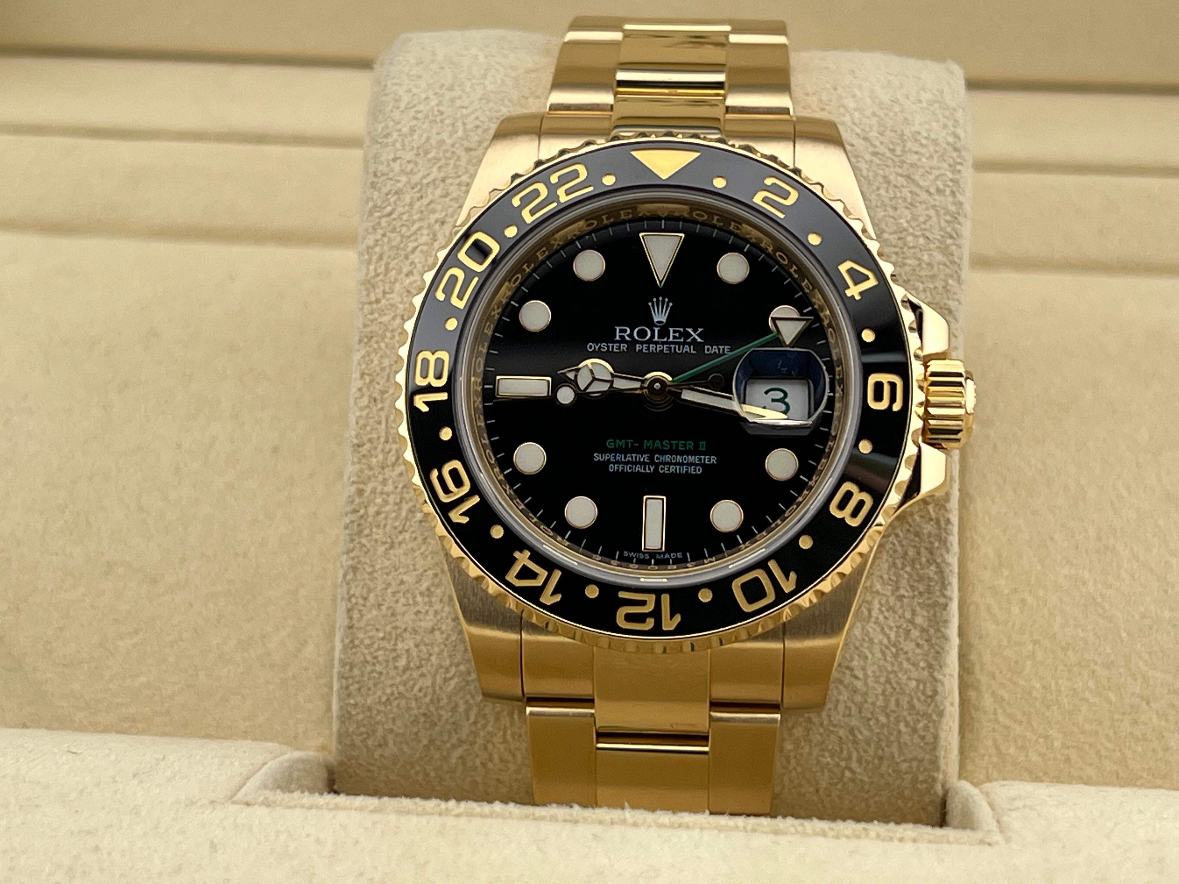 Rolex GMT Master II 116718 18K Yellow Gold Black Ceramic Box 40mm In Excellent Condition For Sale In San Diego, CA