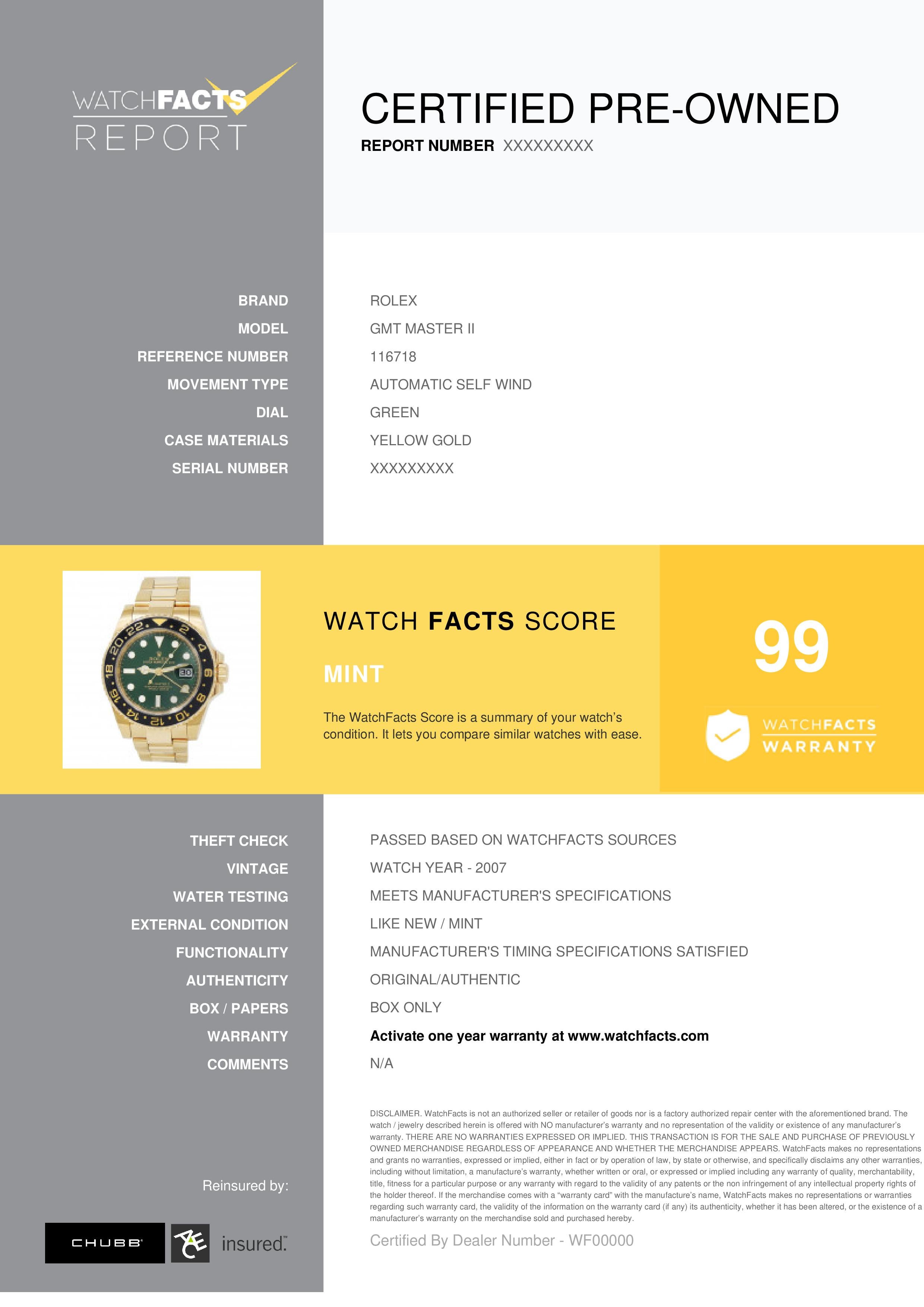 Rolex GMT Master II Reference #: 116718. Mens Automatic Self Wind Watch Yellow Gold Green 40 MM. Verified and Certified by WatchFacts. 1 year warranty offered by WatchFacts.

