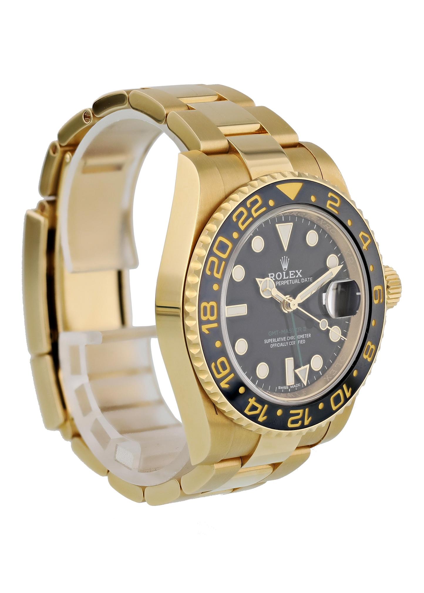 Rolex GMT-Master II 116718 Men Watch. 
40mm 18k Yellow Gold case. 
Yellow Gold Bidirectional bezel. 
Black dial with luminous hands and markers. 
Yellow Gold Oyster bracelet with Fold Over Clasp With Safety. 
Will fit up to a 7.5-inch wrist.