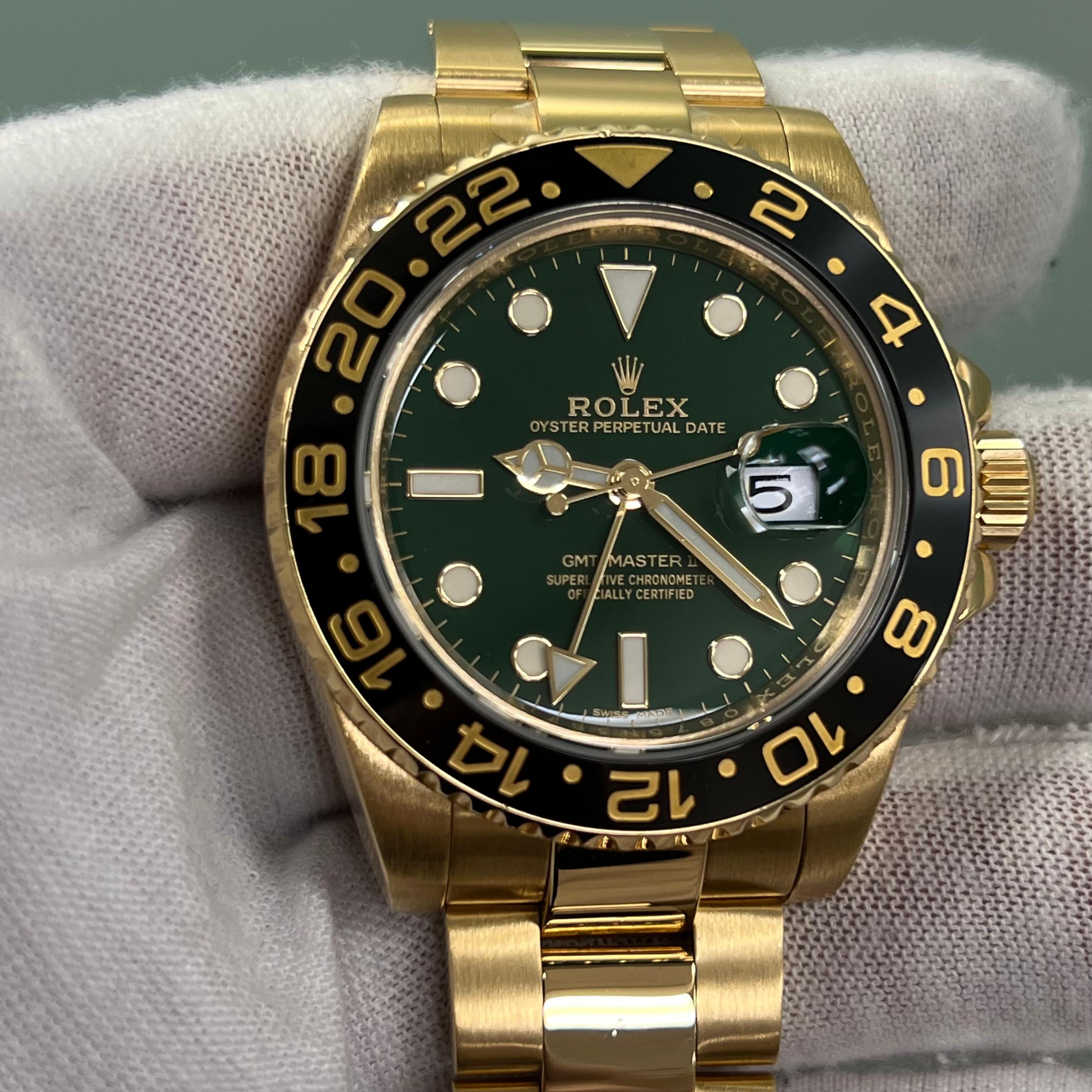 Rolex GMT Master II 116718LN Green Dial Black Bezel 18K Yellow Gold Box Paper 6