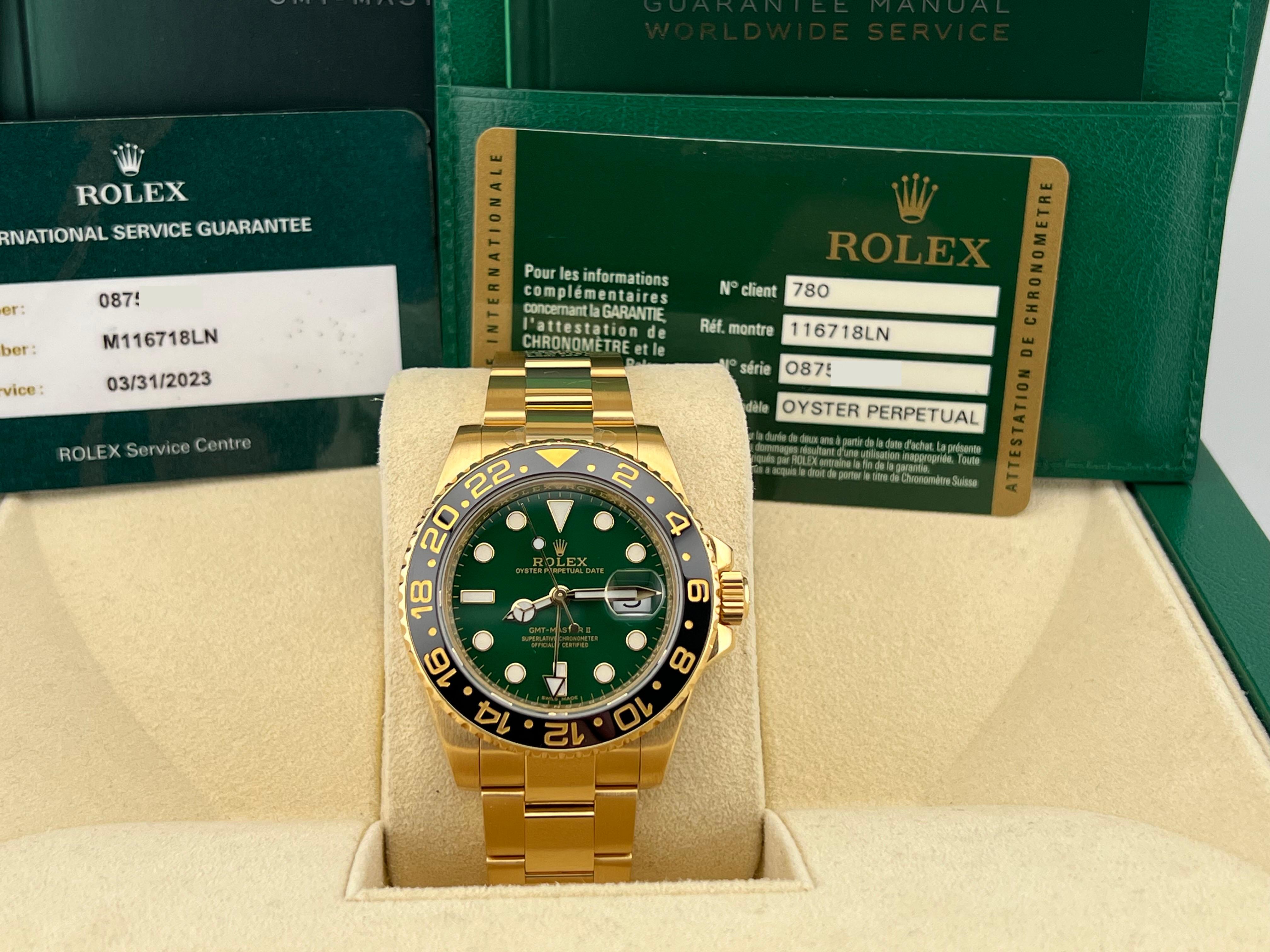 Style Number: 116718LN

Serial: 0875N***

Year: 2018

Model: Rolex GMT Master II

Case Material: 18K Yellow Gold 

Band: 18K Yellow Gold 

Bezel: Black Ceramic

Dial: Green 

Face: Sapphire Crystal 

Case Size: 40mm 

Includes:

-Rolex Box & Paper &
