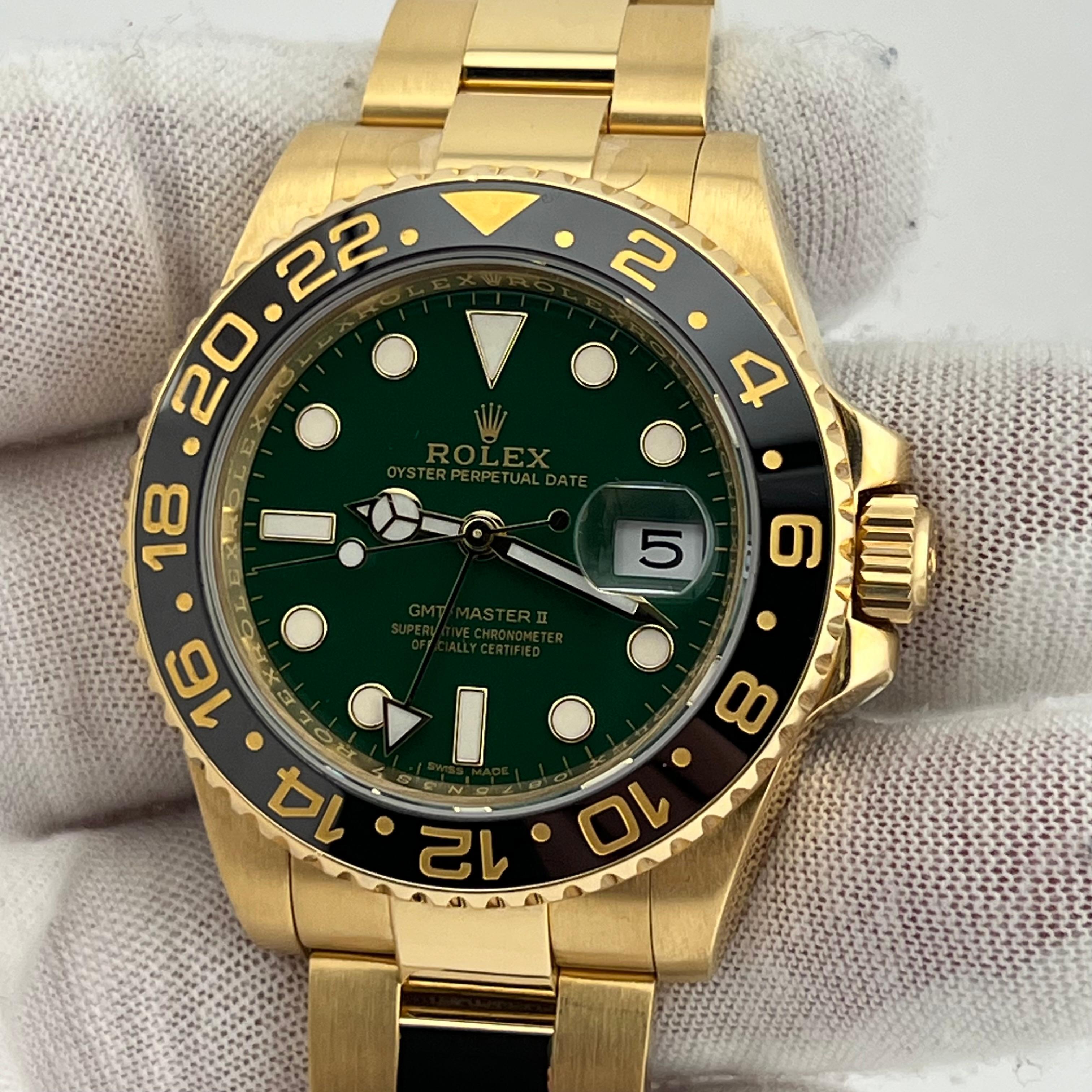 Men's Rolex GMT Master II 116718LN Green Dial Black Bezel 18K Yellow Gold Box Paper