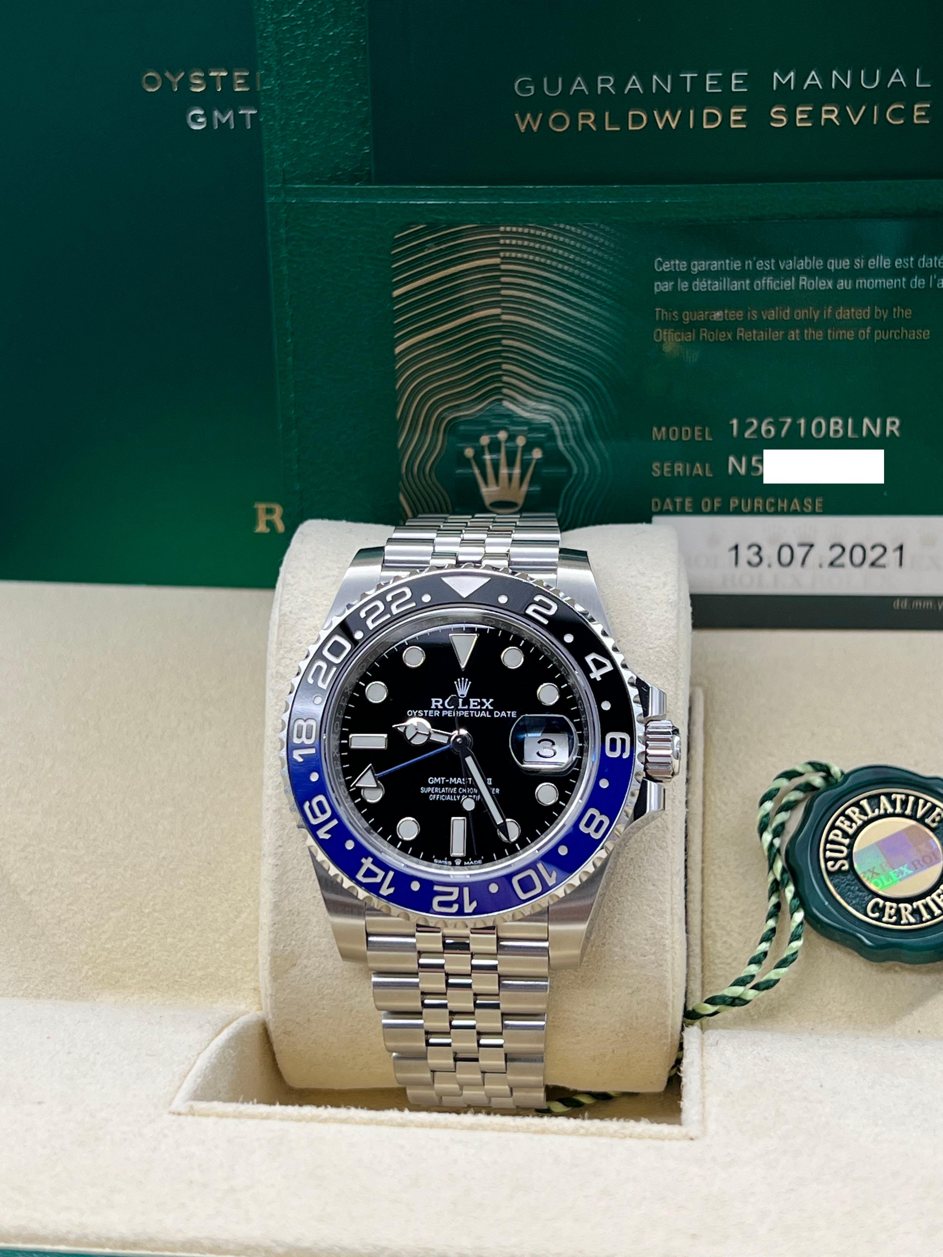 Style Number: 126710BLNR
Serial: N5032***
Year: 2021
Model: Rolex GMT Master II Batgirl
Case Material: Stainless Steel 
Band: Stainless Steel Jubilee
Bezel: Black and Blue Ceramic Bezel 
Dial: Black 
Face: Sapphire Crystal 
Case Size: 40mm