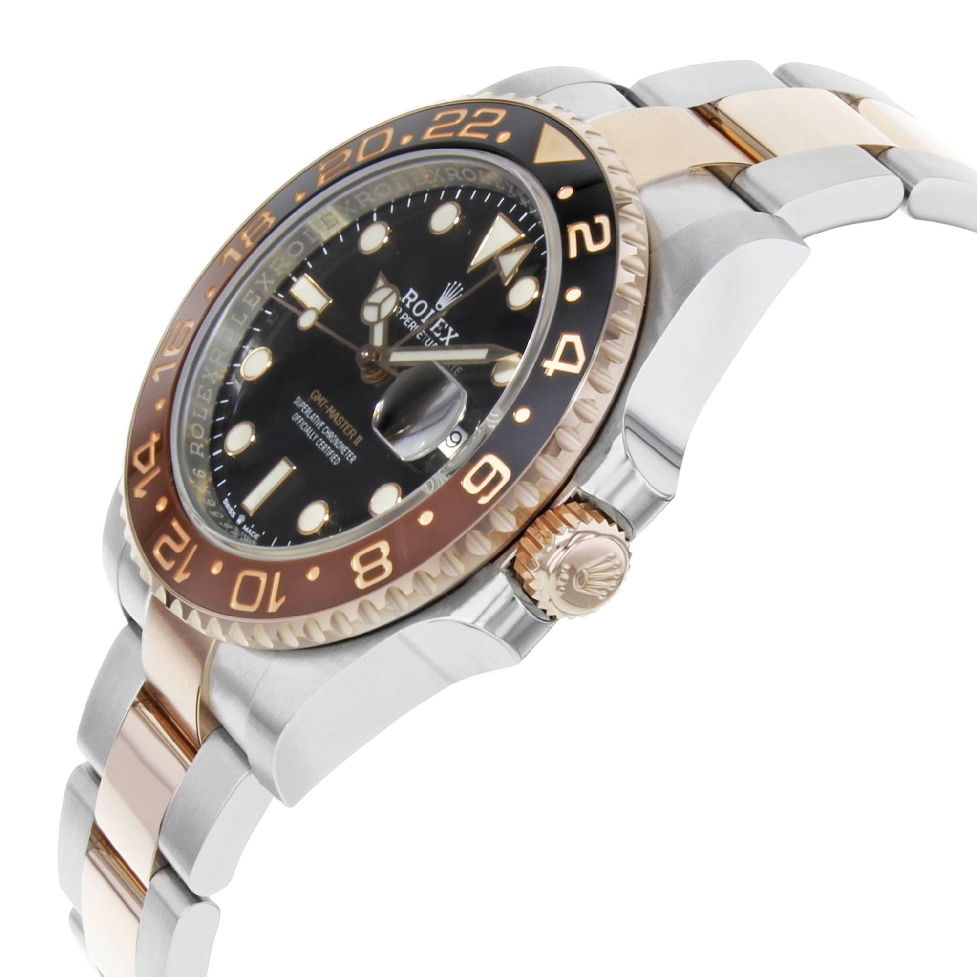 This New Without Tags Rolex GMT-Master II 126711 is a beautiful men's timepiece that is powered by an automatic movement which is cased in a stainless steel case. It has a round shape face, date dial and has hand sticks & dots style markers. It is