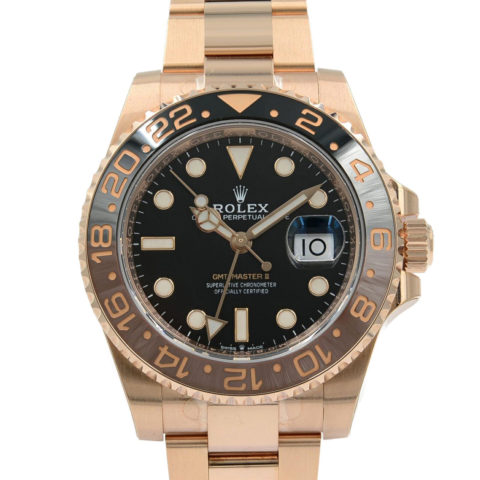 This brand new Rolex GMT-Master II 126715 is a beautiful Gents timepiece that is powered by an automatic movement which is cased in a rose gold case. It has a round shape face, date, dual time dial and has hand sticks & dots style markers. It is