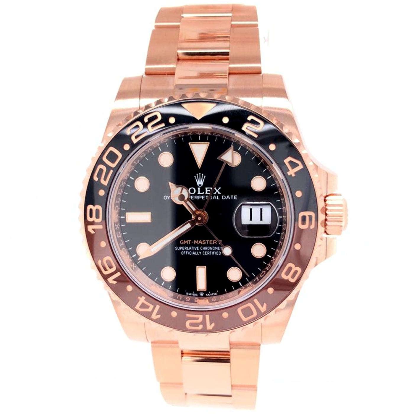 Rolex GMT Master II in 18k rose gold Ref# 126715CHNR. On 18k rose gold Oyster bracelet with flip-lock deployment clasp. 18k rose gold rotating bezel with black and brown ceramic bezel insert with 24hr markings, inner bezel engraved. Sapphire