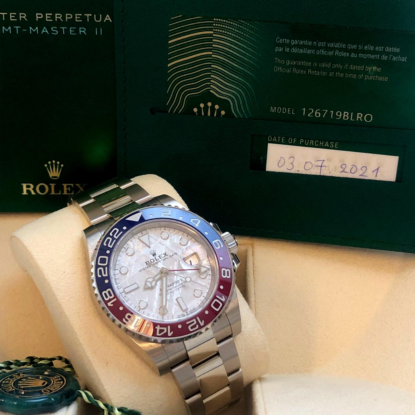Rolex GMT-Master II 126719 Meteorite Dial Pepsi White Gold 2021 Box Papers Card In New Condition For Sale In Aventura, FL