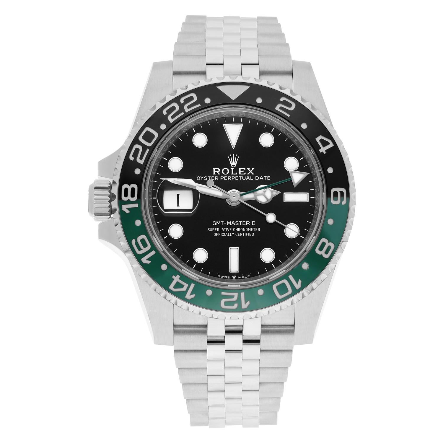 The Rolex GMT-Master II 126720VTNR “Sprite” is a genuine Rolex watch model that is known for its unique left-handed configuration and distinct design. It has a black dial and a two-color Cerachrom bezel insert in green and black ceramic. The watch