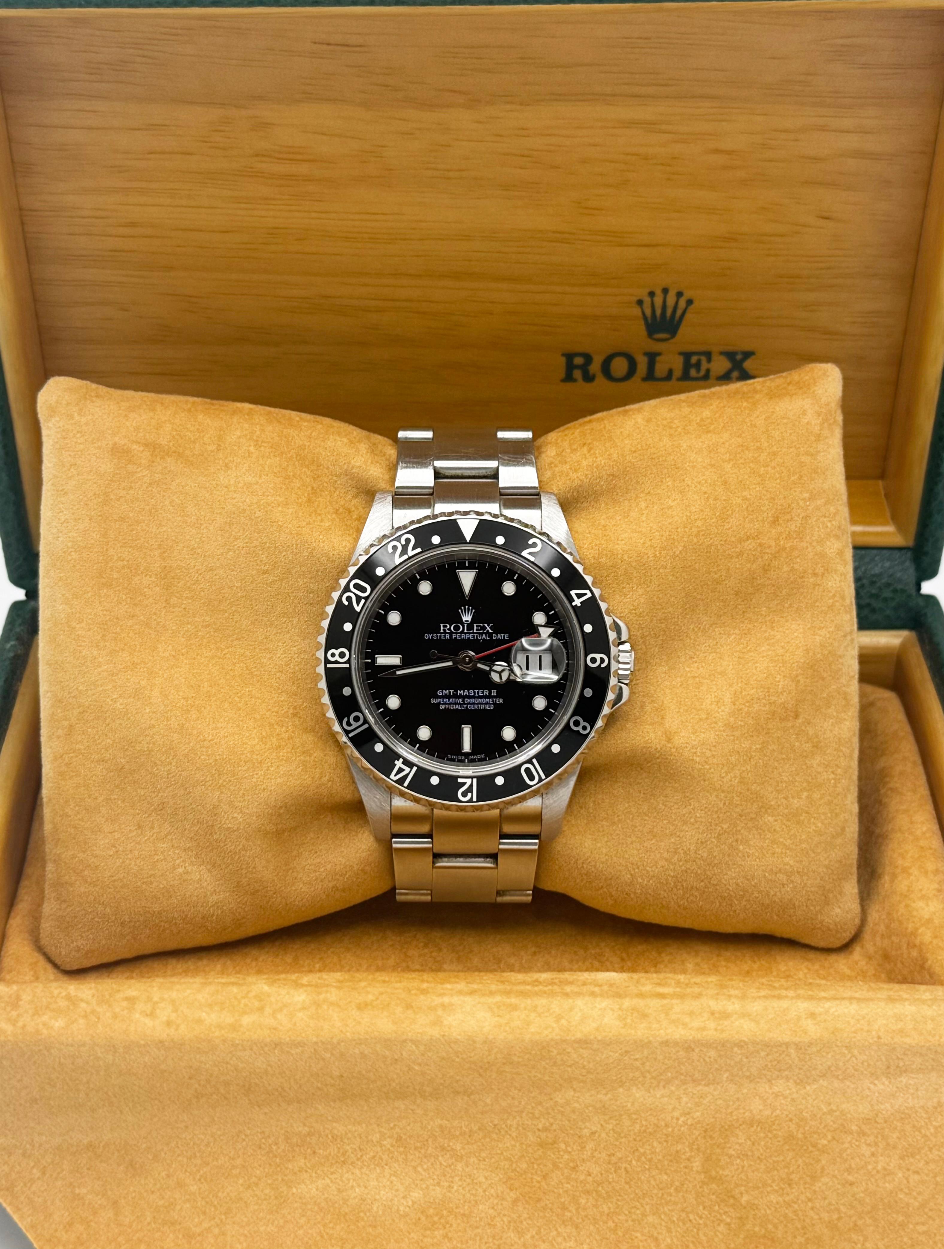 Style Number: 16710



Serial: Z09****



Year: 2006

 

Model: Rolex GMT Master II

 

Case Material: Stainless Steel

 

Band: Stainless Steel 

  

Bezel: Black

  

Dial: Black

 

Crystal: Sapphire

 

Case Size: 40mm

 

Includes: 

- Rolex