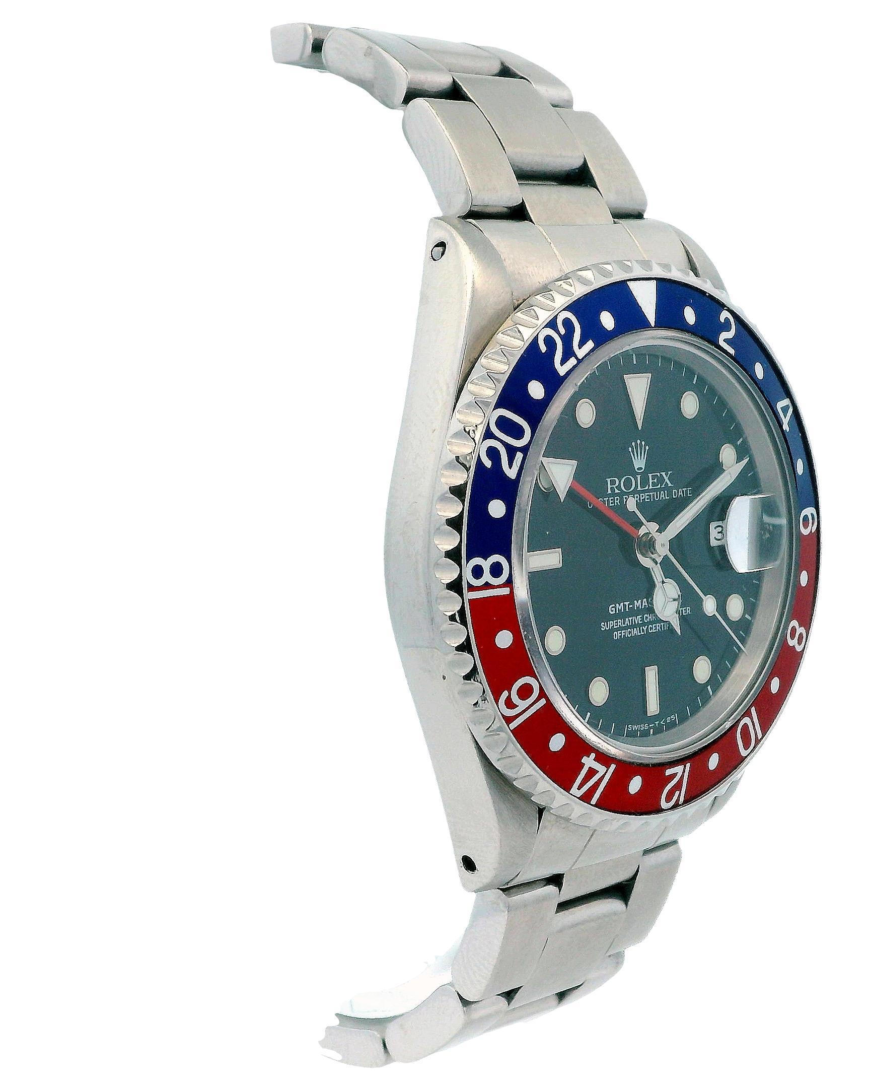 Rolex GMT Master II Men's Watch 16710. This timepiece features a 40mm stainless steel case and a bidirectional rotating stainless steel bezel with a blue and red bezel insert. The black dial is adorned with luminous stainless steel hands and index