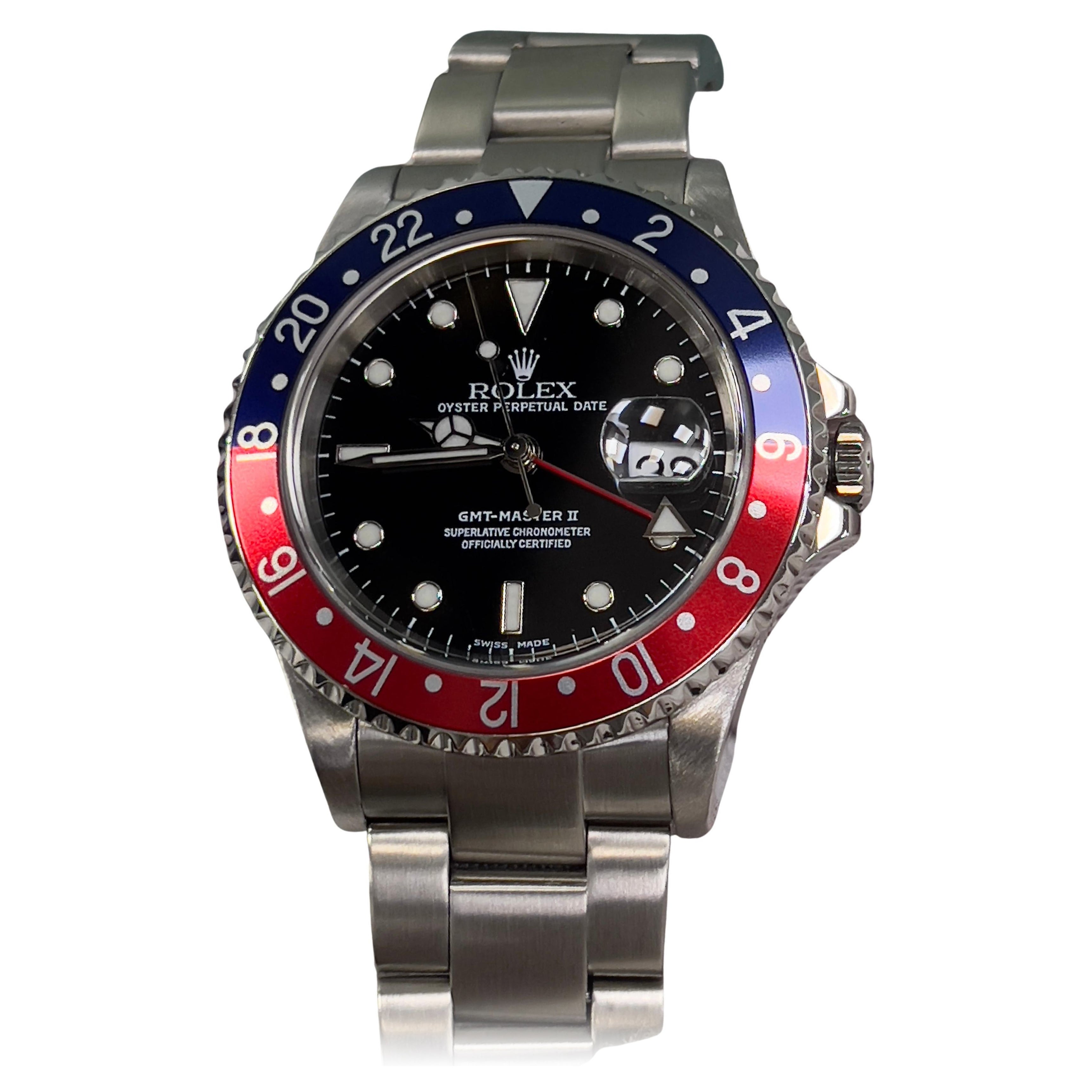 Rolex GMT Master II 16710 Pepsi Rote und blaue Lünette Edelstahl 40mm Box 2002