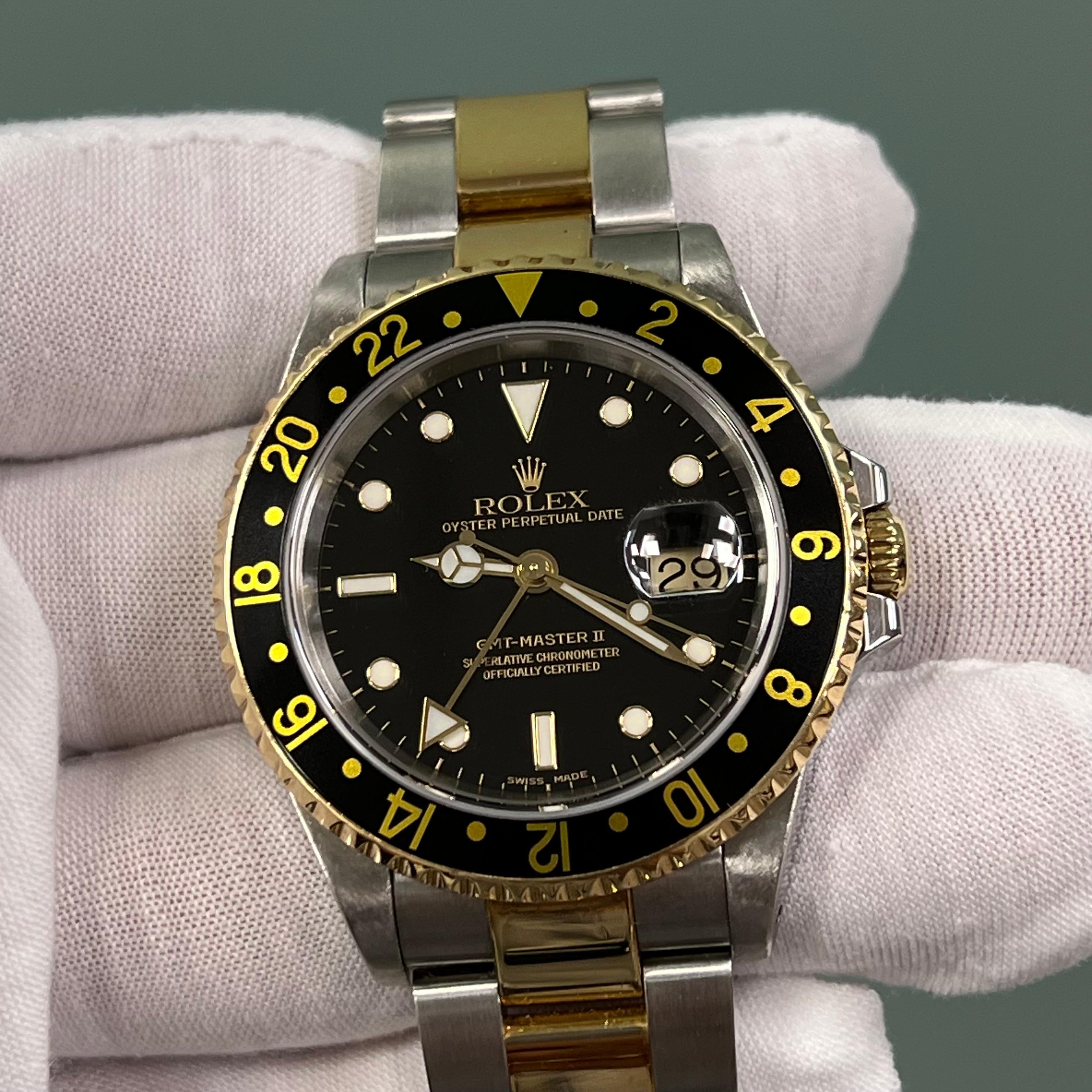 Rolex GMT Master II 16713 40mm Cadran noir Or jaune 18K Acier Boîte papier 2001 en vente 6