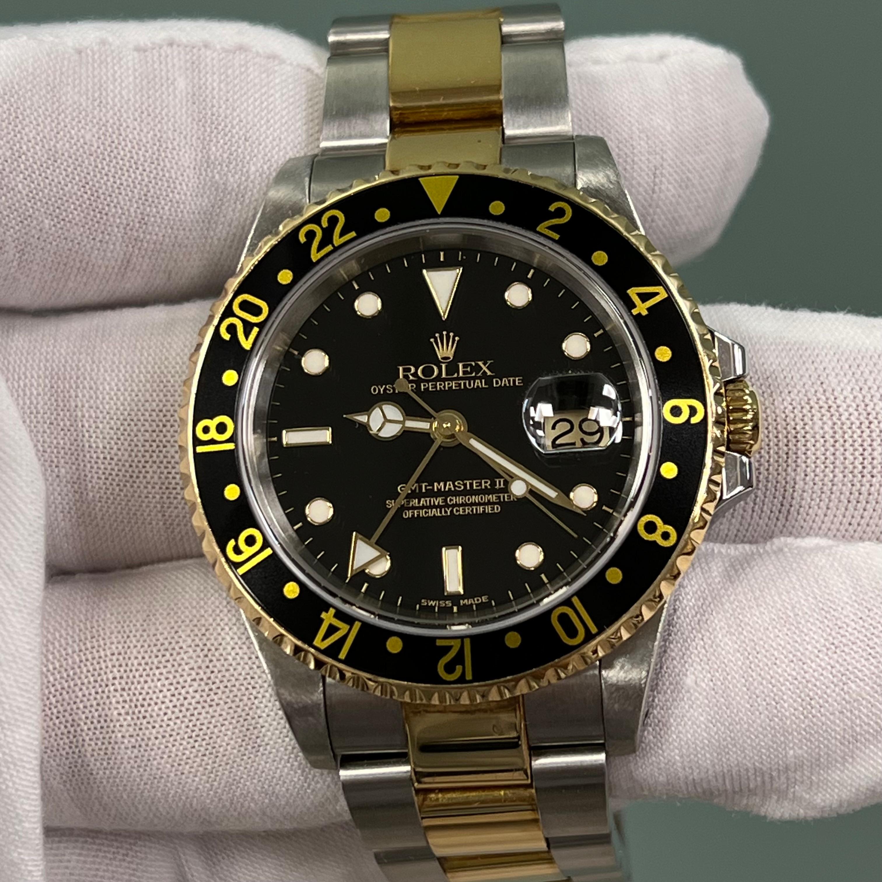 Rolex GMT Master II 16713 40mm Cadran noir Or jaune 18K Acier Boîte papier 2001 Pour hommes en vente