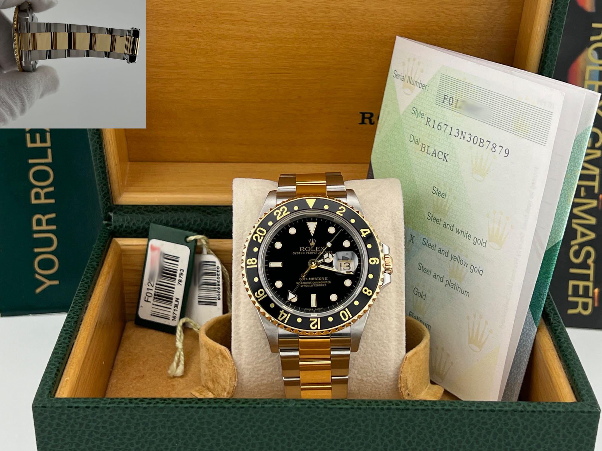 Rolex GMT Master II 16713 40mm Cadran noir Or jaune 18k Acier Boîte Papiers 2005 en vente 6