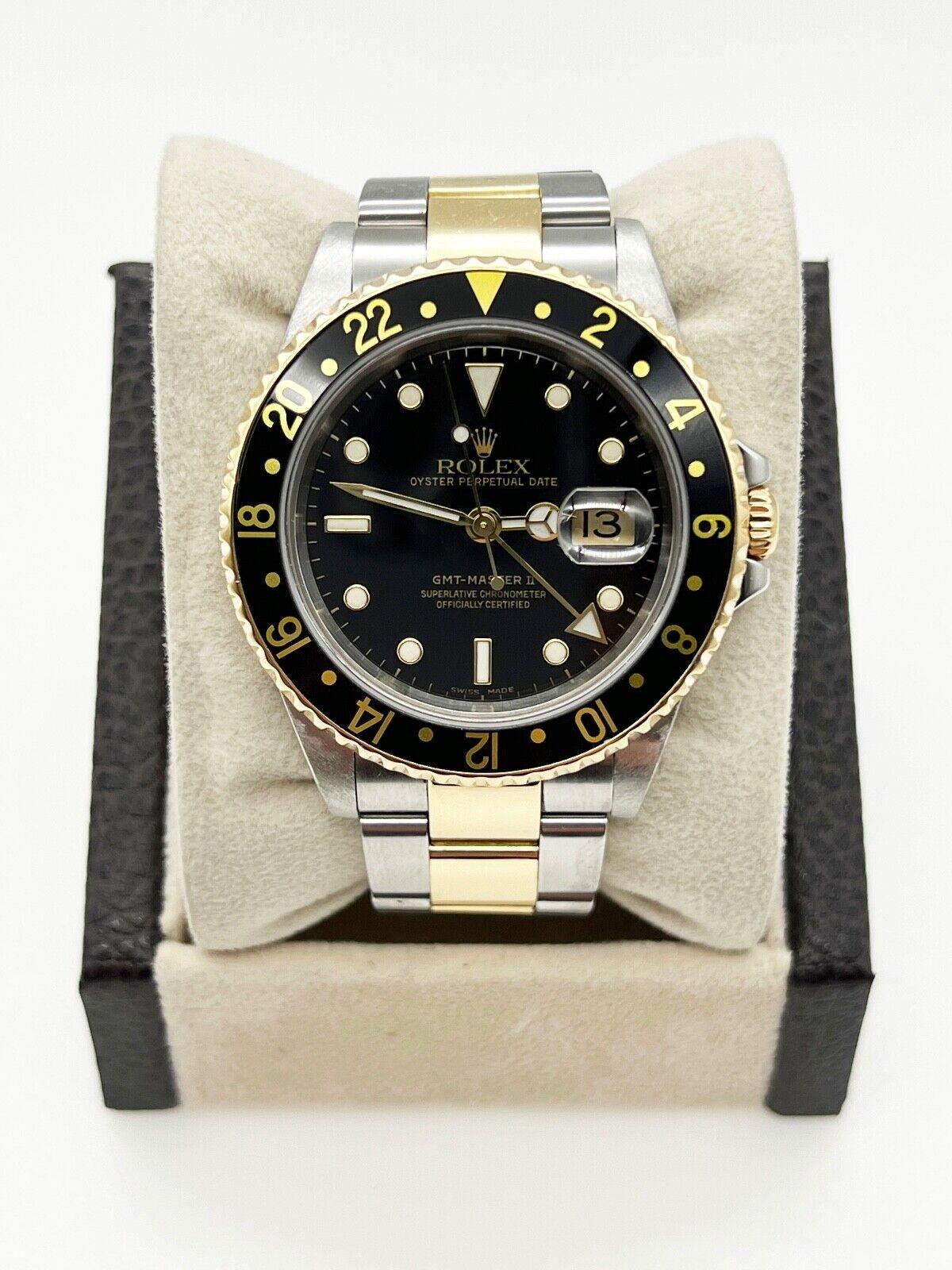 Men's Rolex GMT Master II 16713 Black Dial 18K Yellow Gold Stainless Steel 2003 For Sale
