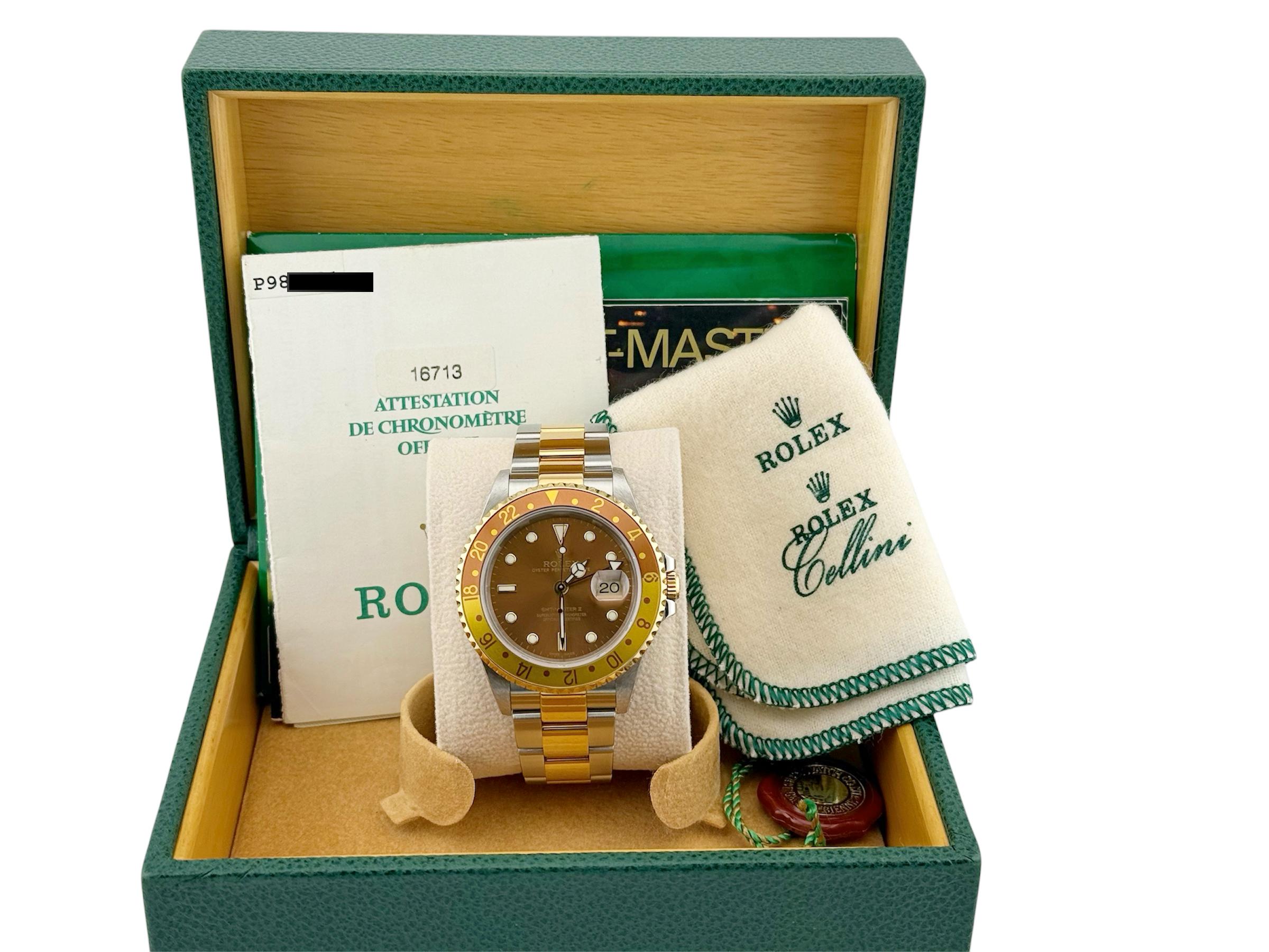 Rolex GMT Master II 16713 Root Beer Or jaune 18K Acier inoxydable Boîte Papier en vente 10
