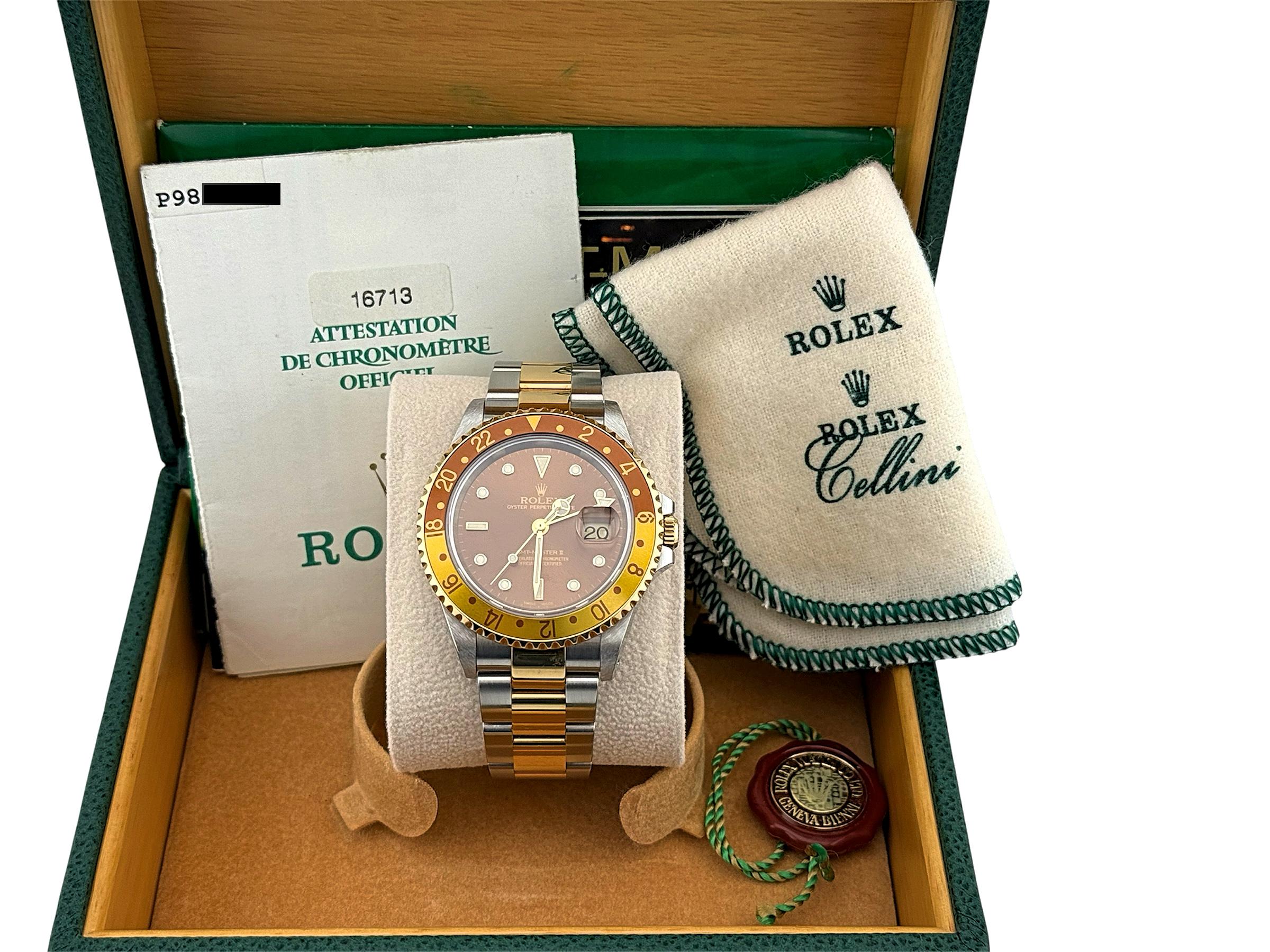 Rolex GMT Master II 16713 Root Beer Or jaune 18K Acier inoxydable Boîte Papier en vente 11