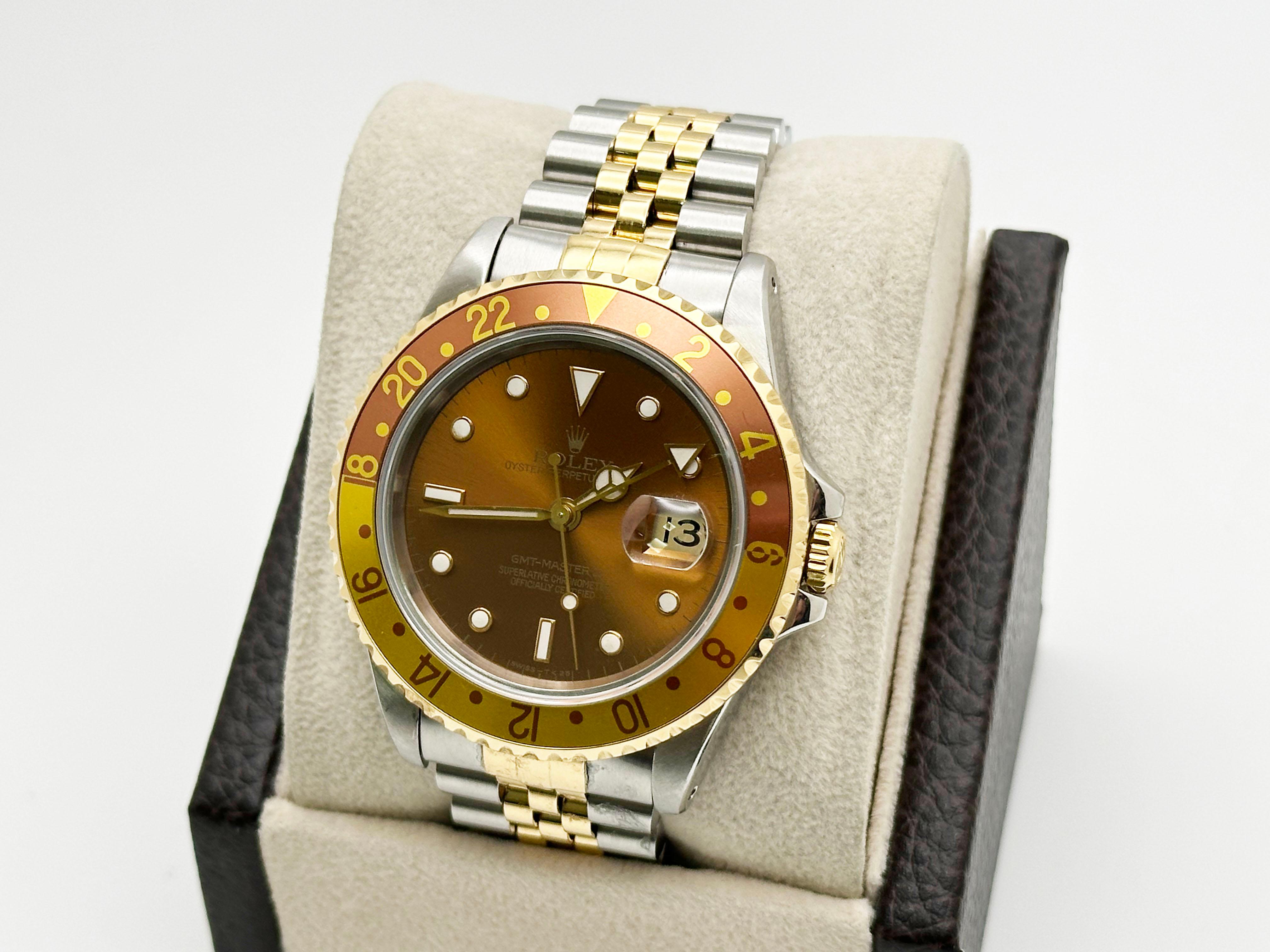Rolex GMT Master II 16713 Root Beer 18K Gelbgold Edelstahl Box Papier Herren im Angebot