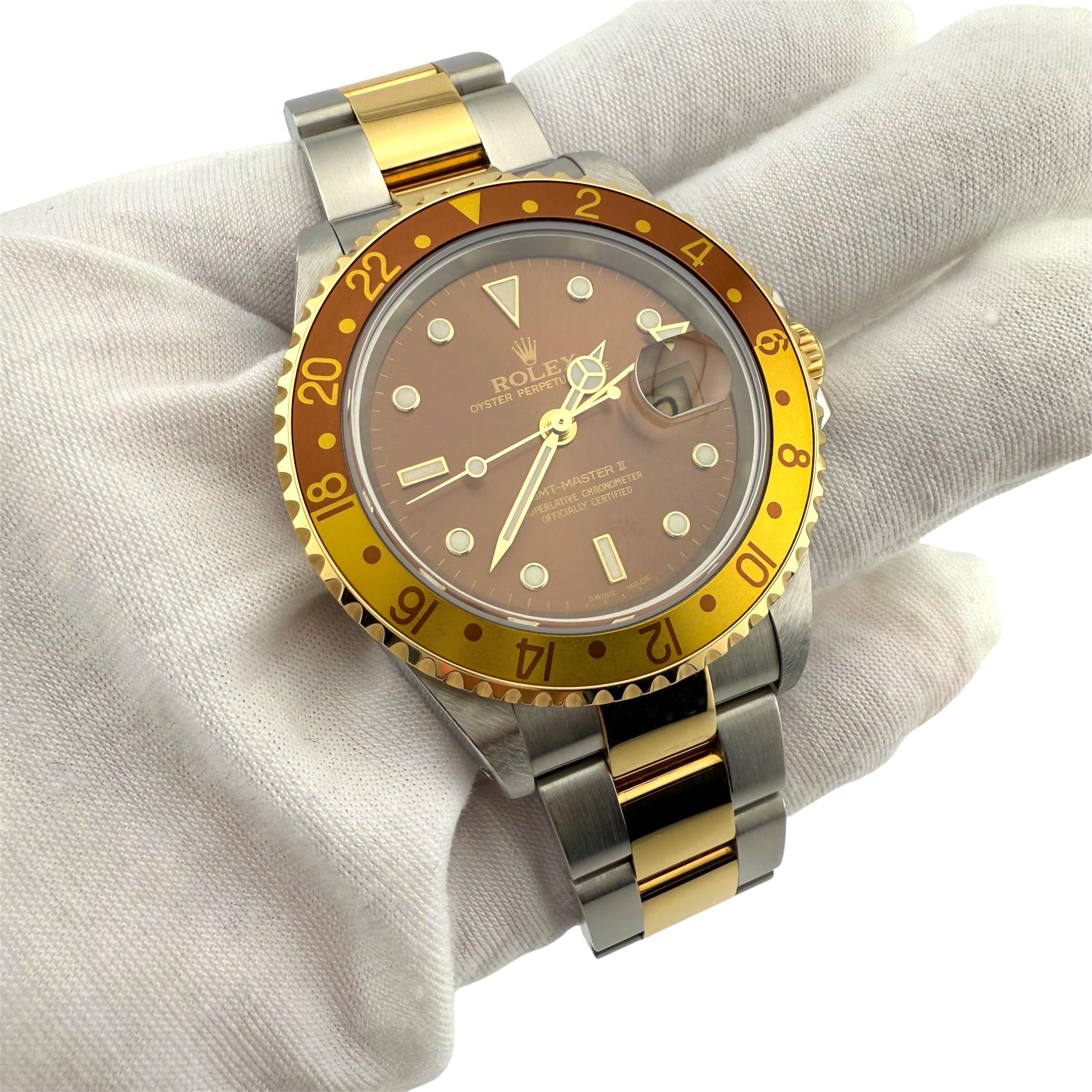 Rolex GMT Master II 16713 Root Beer Or jaune 18K Acier inoxydable Boîte Papier en vente 1