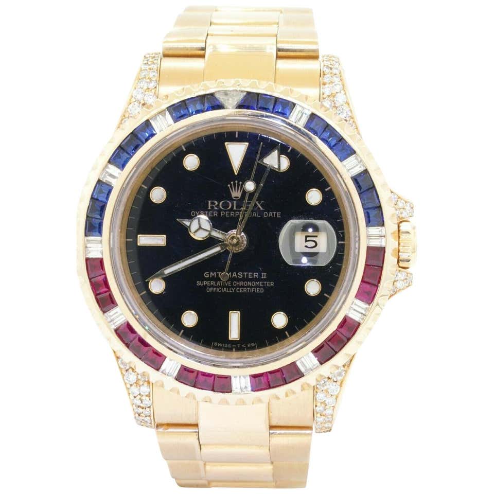 Rolex GMT Master II 16718 Heavy 18k Gold Diamond Ruby Sapphire Bezel ...