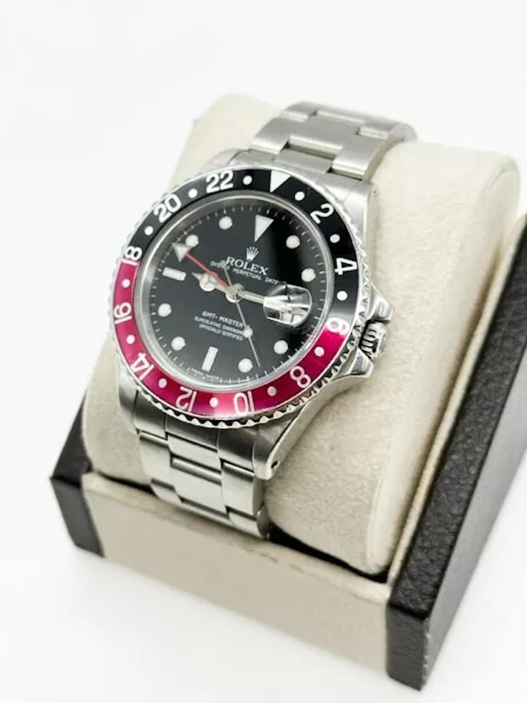Rolex GMT Master II 16760 Coke Fat Lady 40mm Schwarz & Rot Lünette Edelstahl im Zustand „Hervorragend“ in San Diego, CA