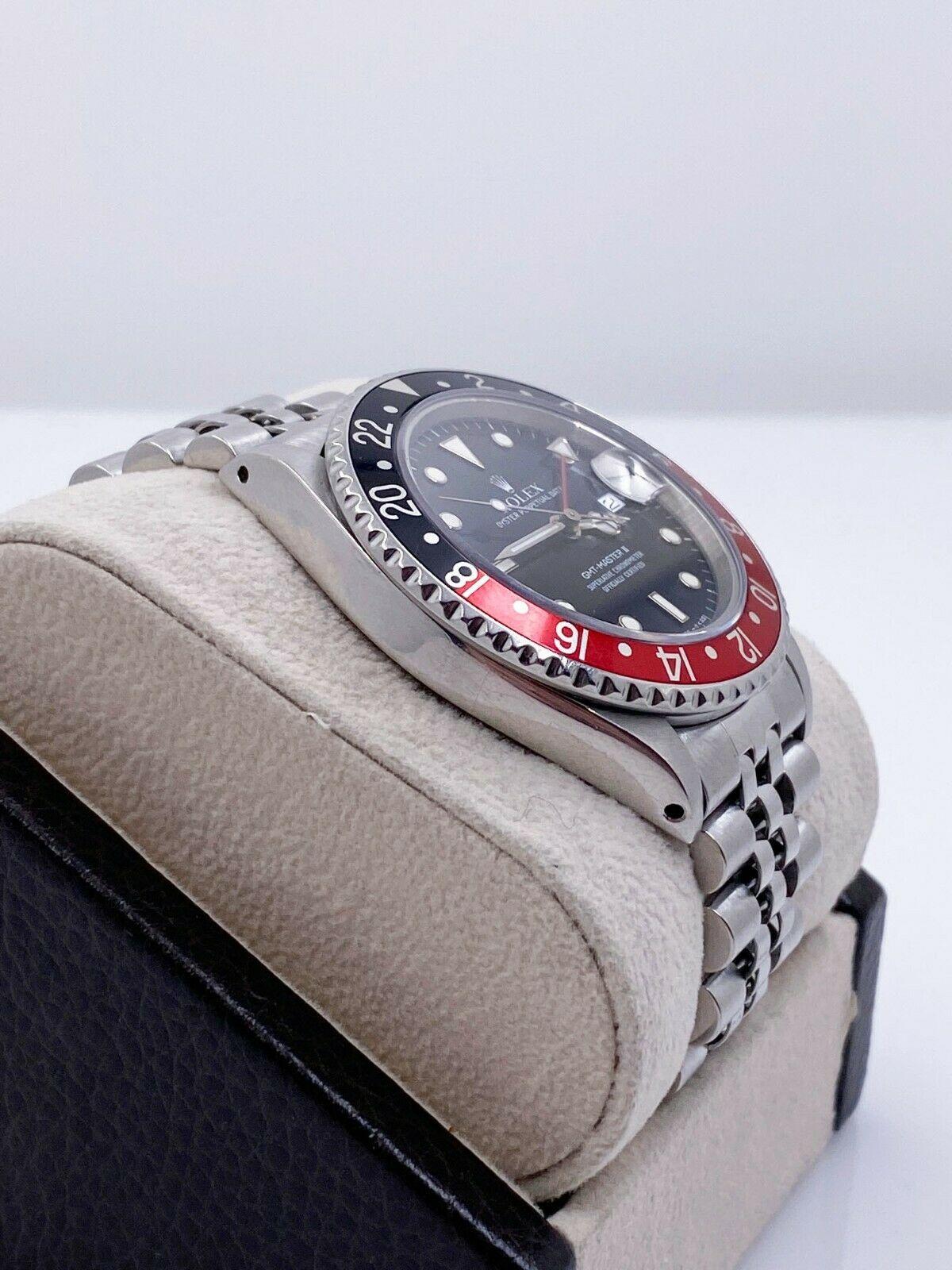 Rolex GMT Master II 16760 Fat Lady Coke Red Black Stainless Box Paper Unpolished In Excellent Condition In San Diego, CA