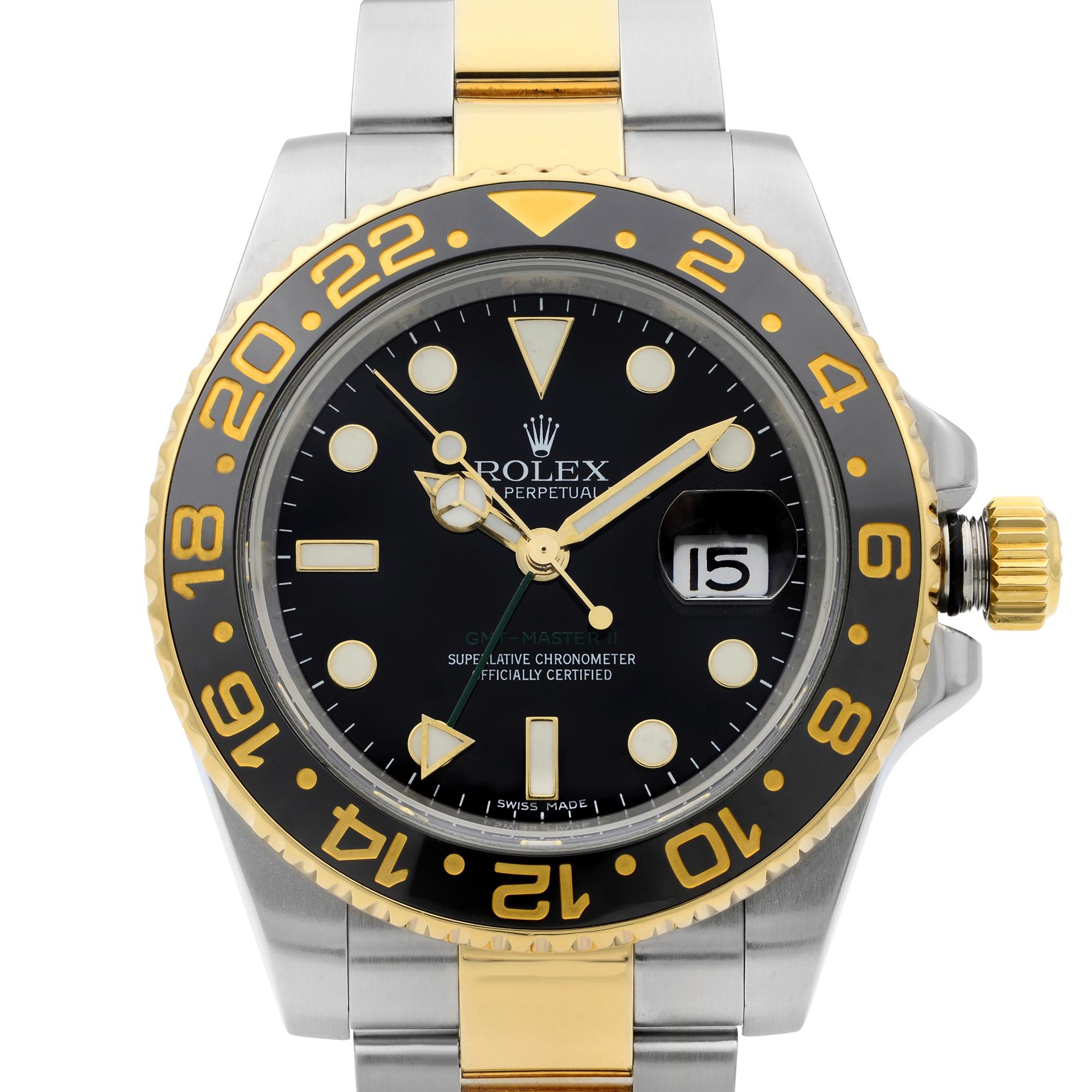 This pre-owned Rolex GMT-Master II 116713LN is a beautiful men's timepiece that is powered by mechanical (automatic) movement which is cased in a stainless steel case. It has a round shape face, date indicator, dual time dial and has hand sticks &
