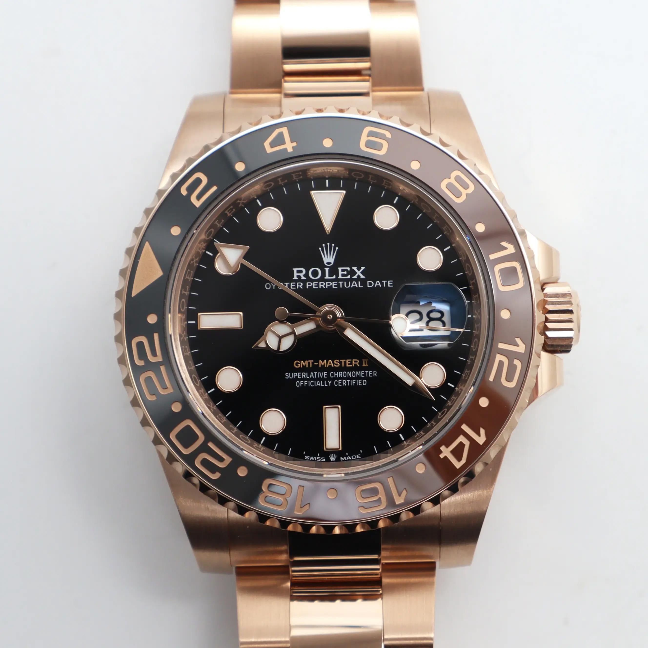 Rolex GMT-Master II 18K Rose Gold Root Beer Automatic Mens Watch 126715CHNR In New Condition For Sale In New York, NY