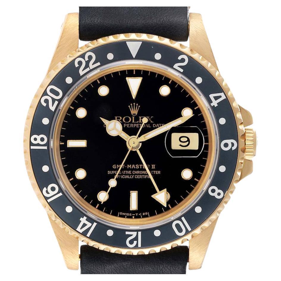 Rolex GMT Master II 18K Yellow Gold Black Dial Mens Watch 16718 Box Papers For Sale