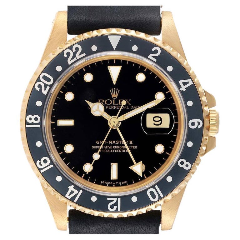 Rolex GMT Master II 18K Yellow Gold Black Dial Mens Watch 16718 Box Papers  For Sale at 1stDibs