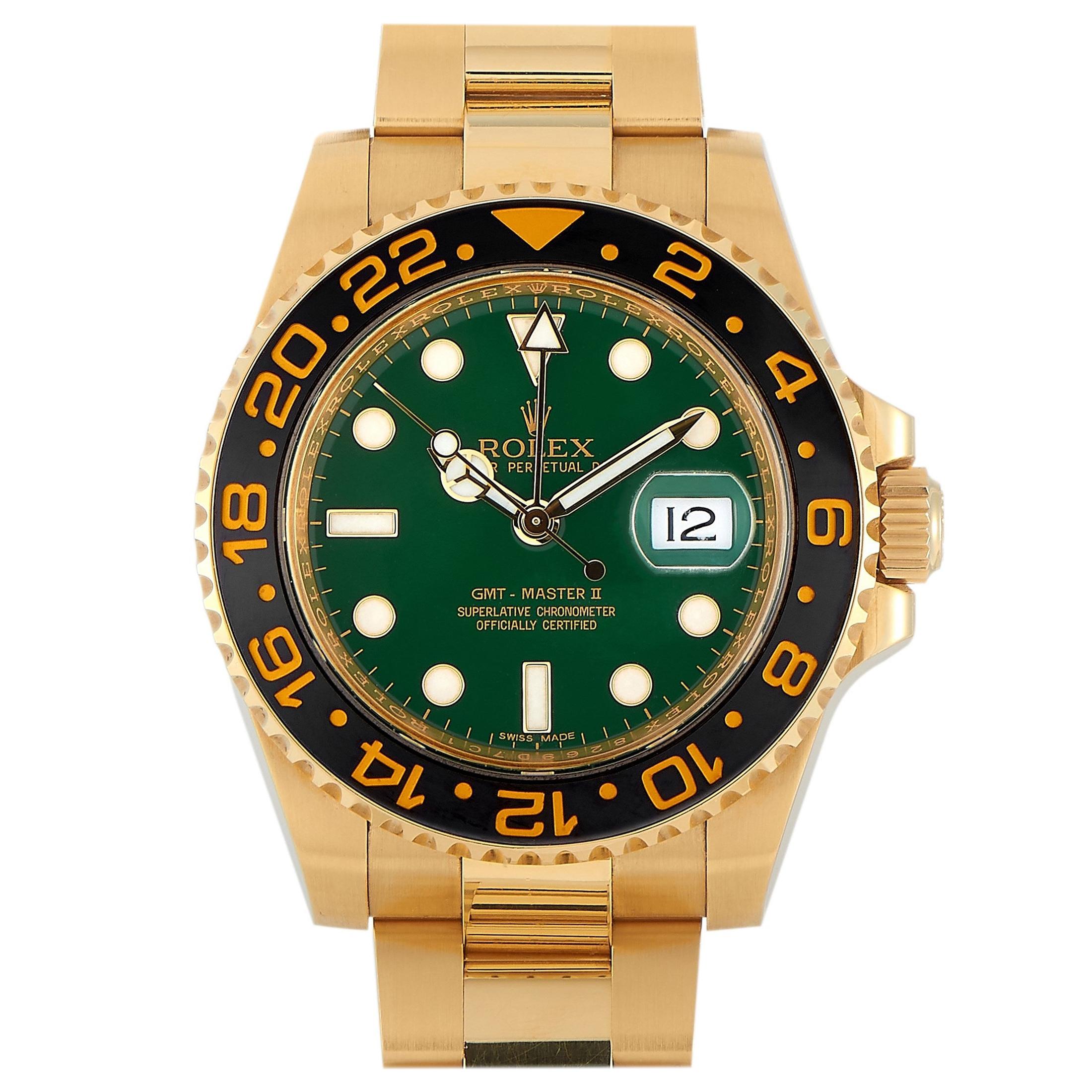 Rolex GMT-Master II 18K Yellow Gold Green Dial Watch 116718LN