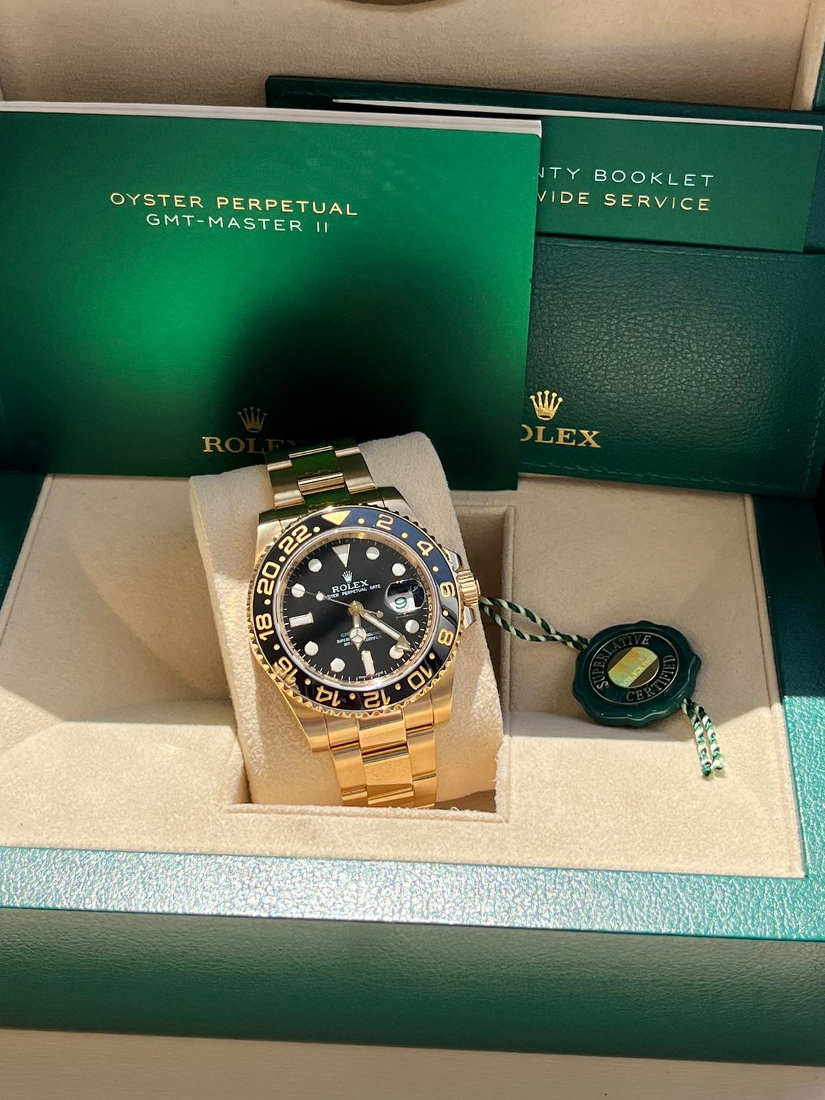 Rolex GMT-Master II 18k Yellow Gold Oyster Automatic Black Men's Watch 116718 In Good Condition For Sale In Aventura, FL