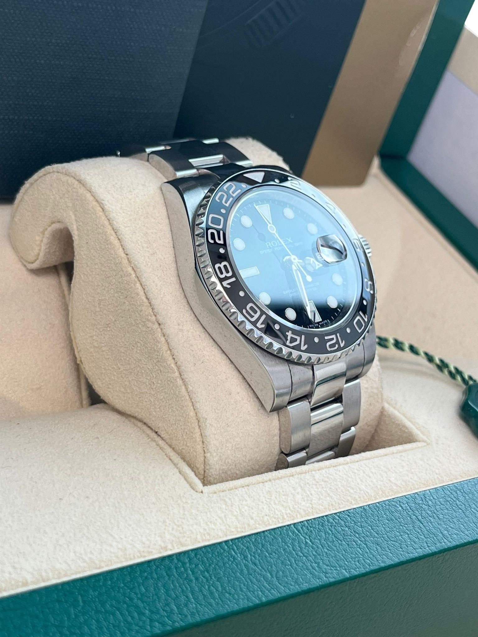Rolex GMT Master II 40 Black Dial Green Hand Ceramic Bezel Steel Watch 116710LN For Sale 5