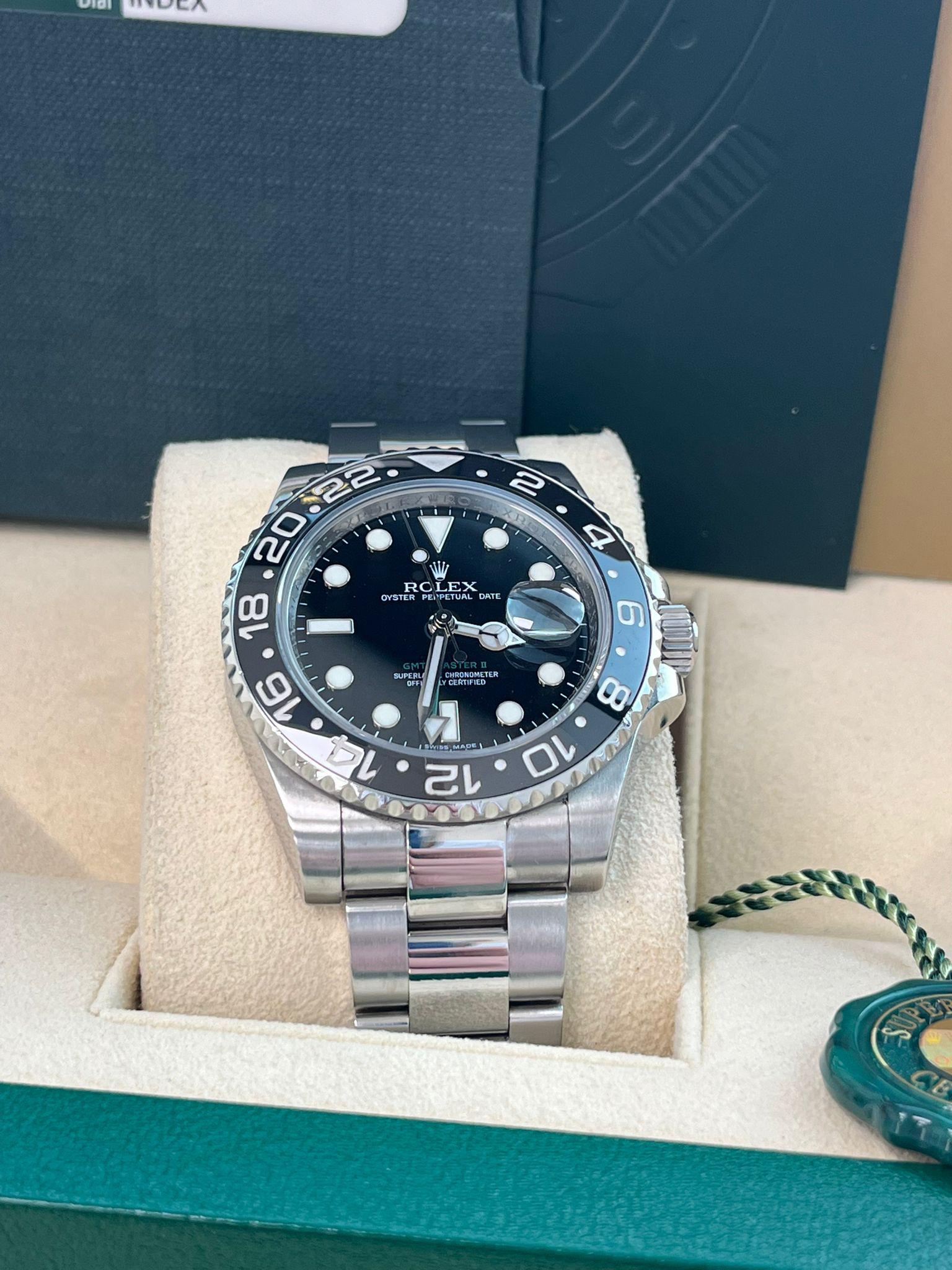Rolex GMT Master II 40 Black Dial Green Hand Ceramic Bezel Steel Watch 116710LN For Sale 6