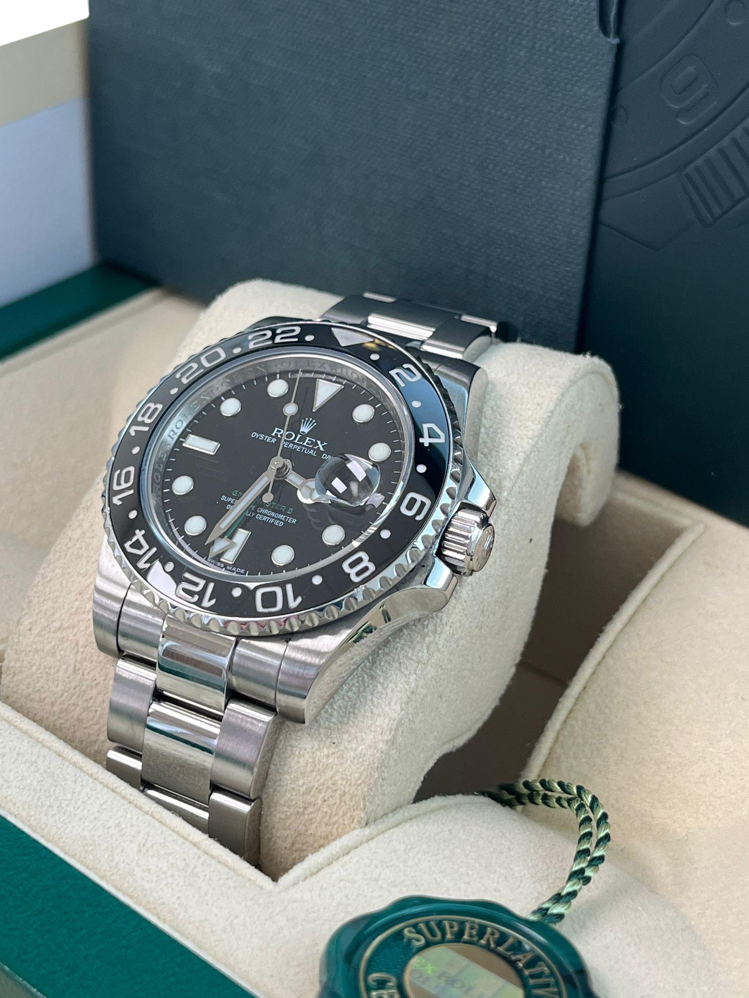 Rolex GMT Master II 40 Black Dial Green Hand Ceramic Bezel Steel Watch 116710LN For Sale 8