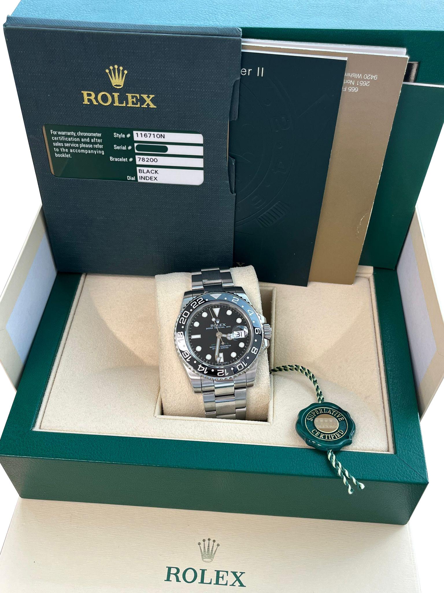 Rolex GMT Master II Green Hand Steel Mens Watch 116710. Officially certified chronometer automatic self-winding movement. Stainless steel case 40.0 mm in diameter. Rolex logo on the crown. Stainless steel bidirectional rotating 24-hour bezel with