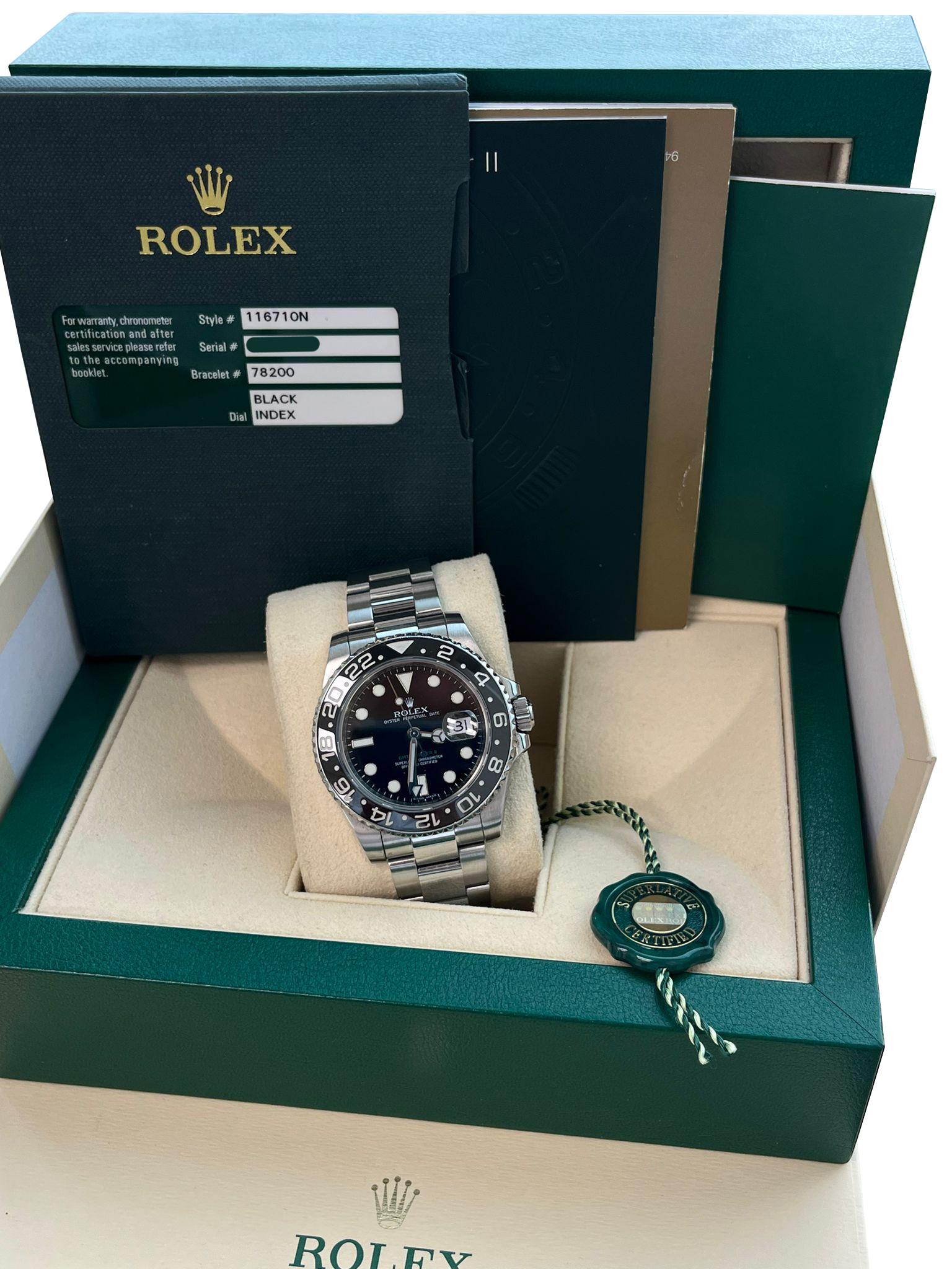 Modernist Rolex GMT Master II 40 Black Dial Green Hand Ceramic Bezel Steel Watch 116710LN For Sale