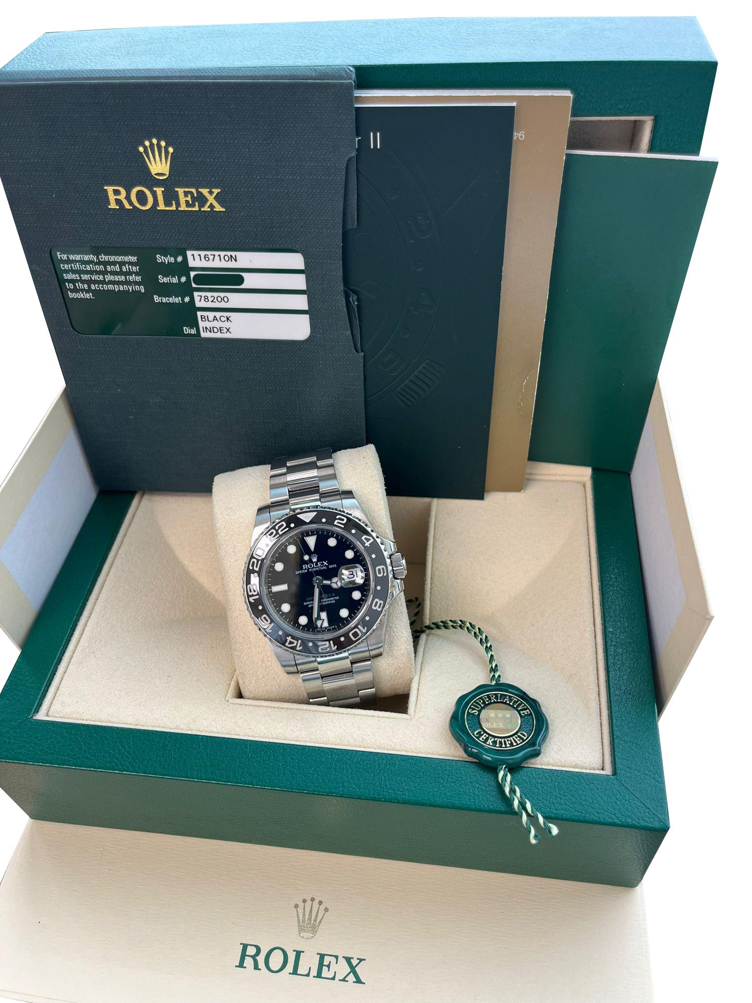 Men's Rolex GMT Master II 40 Black Dial Green Hand Ceramic Bezel Steel Watch 116710LN For Sale