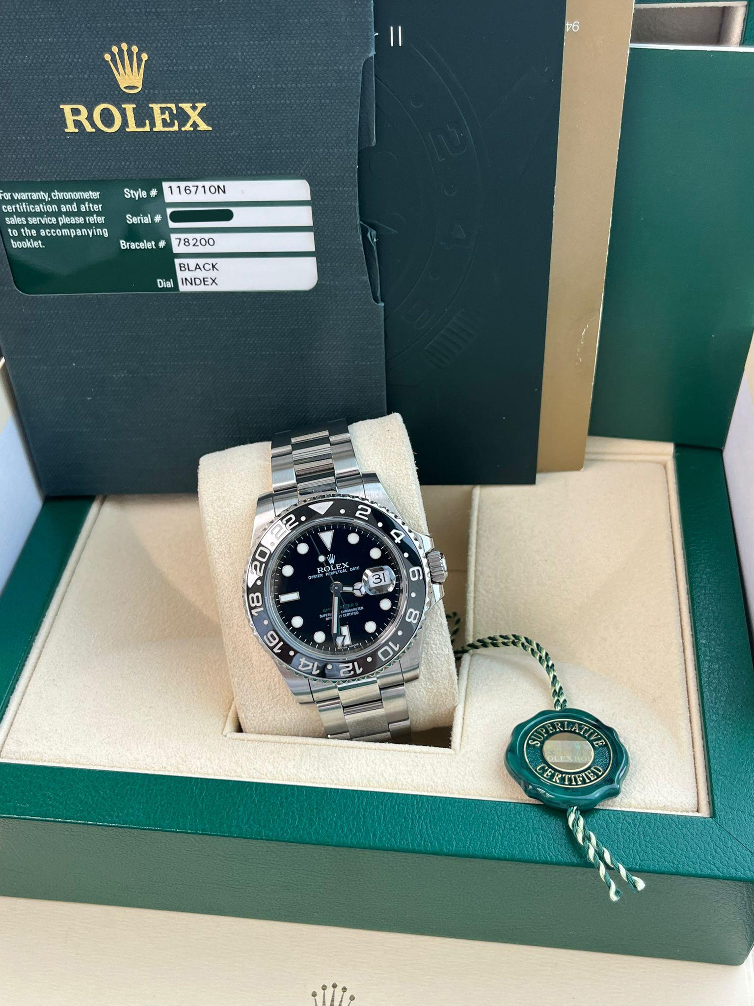 Rolex GMT Master II 40 Black Dial Green Hand Ceramic Bezel Steel Watch 116710LN For Sale 1