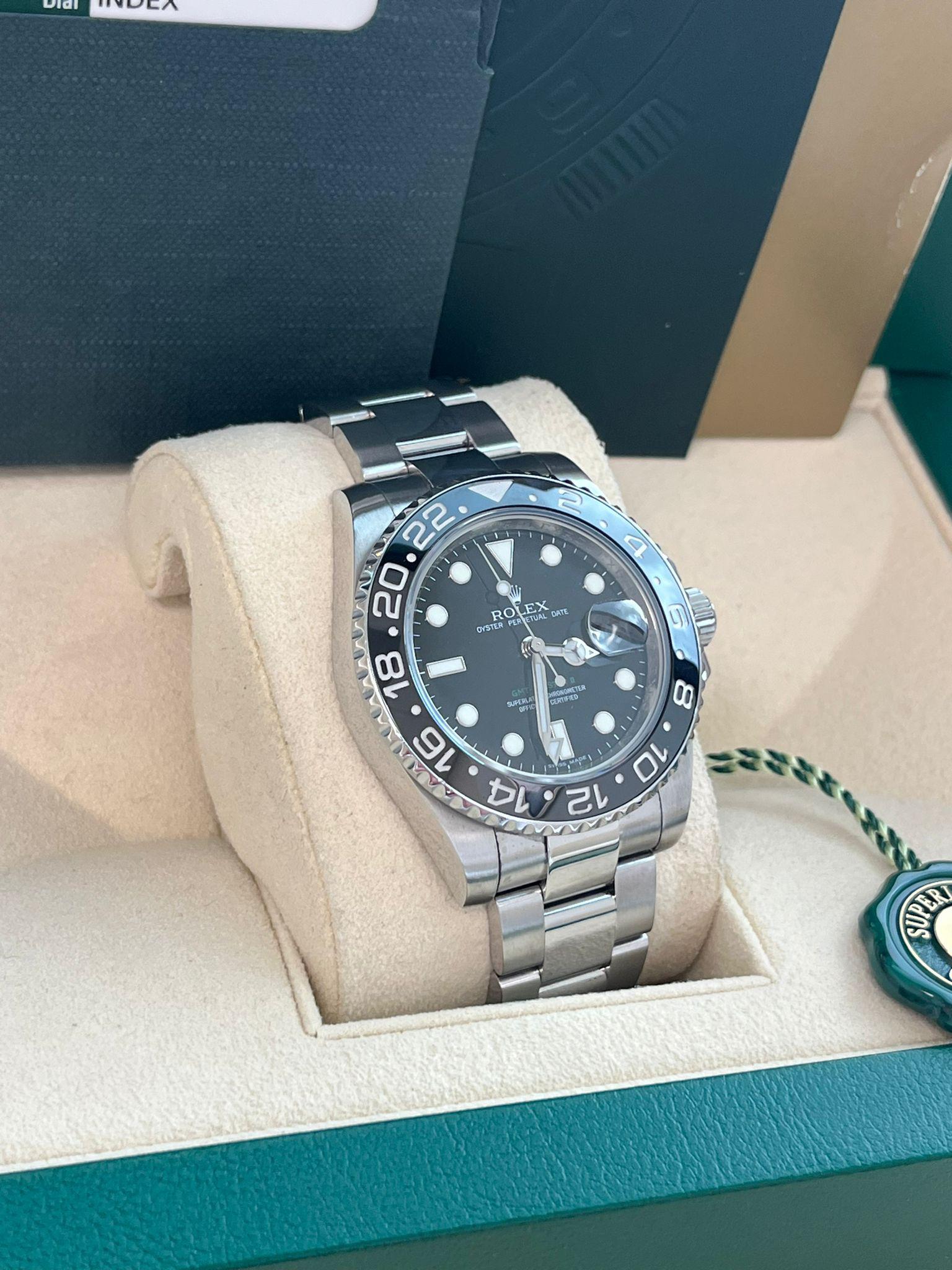 Rolex GMT Master II 40 Black Dial Green Hand Ceramic Bezel Steel Watch 116710LN For Sale 4