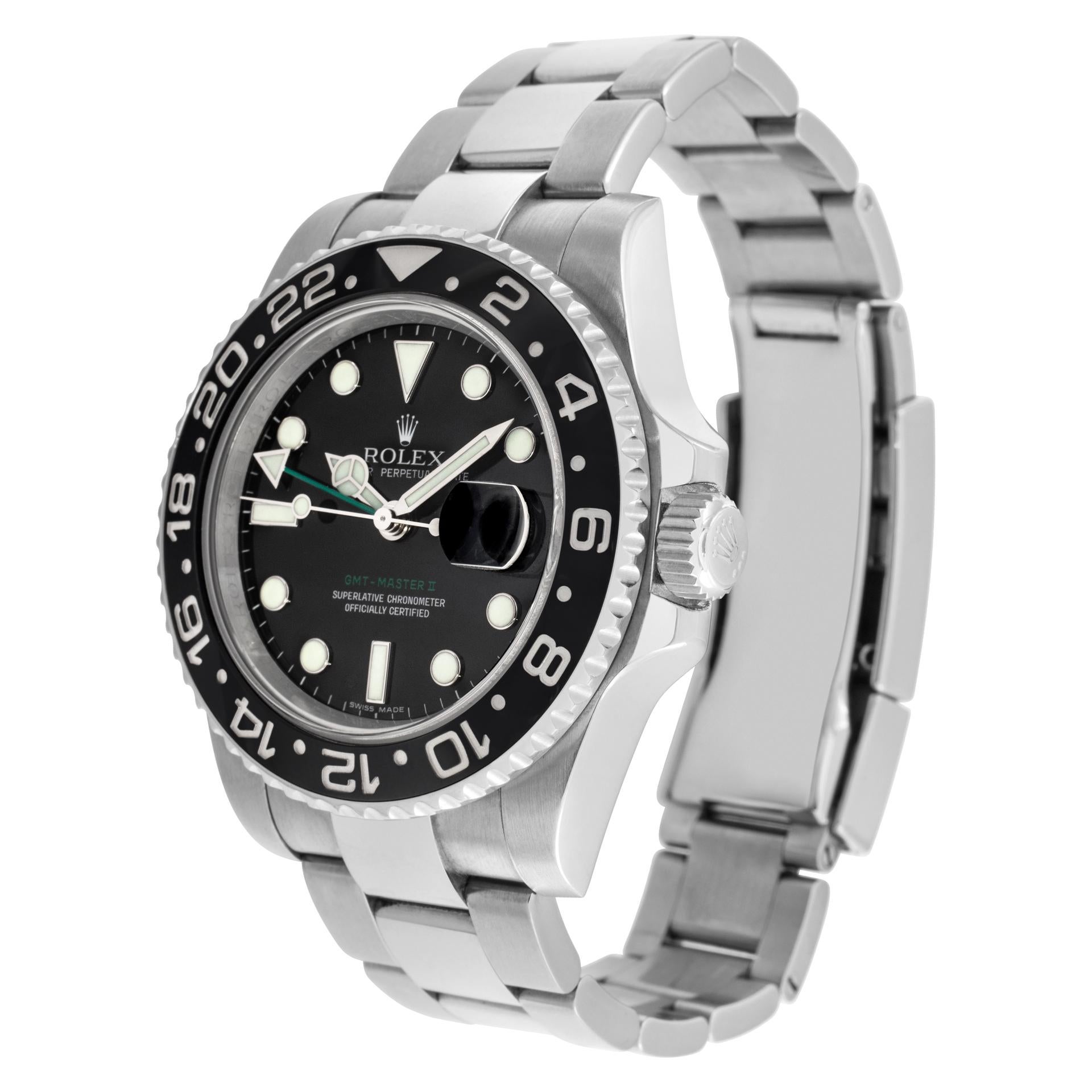 Rolex GMT-Master II in stainless steel with ceramic bezel. Auto w/ sweep seconds, date and dual time. 40 mm case size. Ref 116710. Circa 2009. **Bank Wire Only at this Price** Fine Pre-owned Rolex Watch. Certified preowned Sport Rolex GMT-Master II