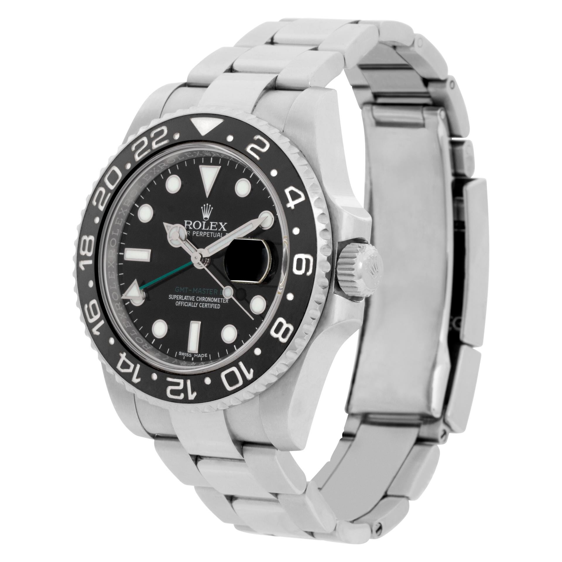 Rolex GMT-Master II in stainless steel with rotating ceramic bezel. Auto w/ sweep seconds, date and dual time. 40 mm case size. **Bank wire only at this price** Ref 116710LN. Circa 2010s. Fine Pre-owned Rolex Watch.

Certified preowned Sport Rolex