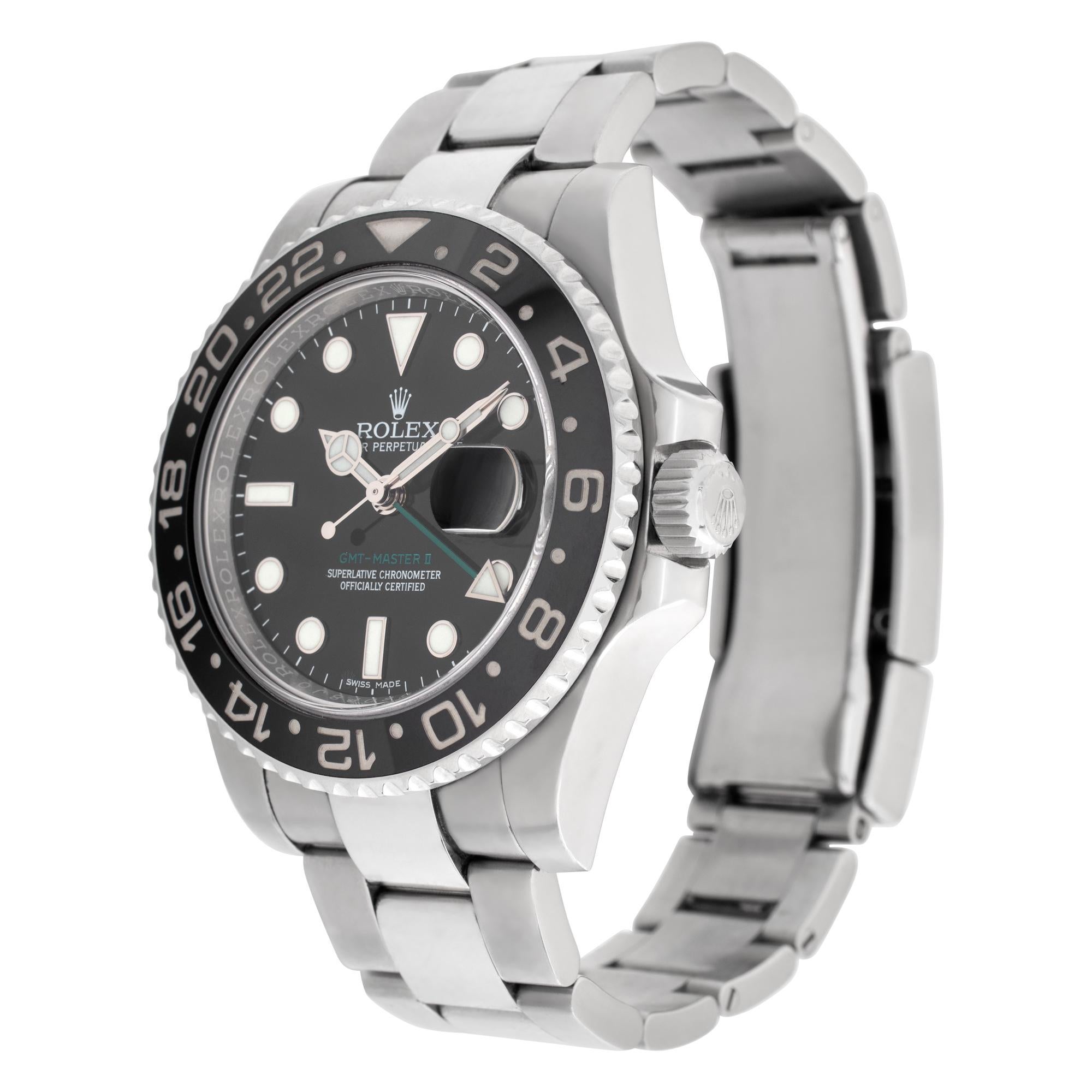 Rolex GMT-Master II in stainless steel with black ceramic bezel. Auto w/ sweep seconds, date and dual time. 40 mm case size. **Bank wire only at this price** Ref 116710LN. Circa 2010s. Fine Pre-owned Rolex Watch. Certified preowned Sport Rolex