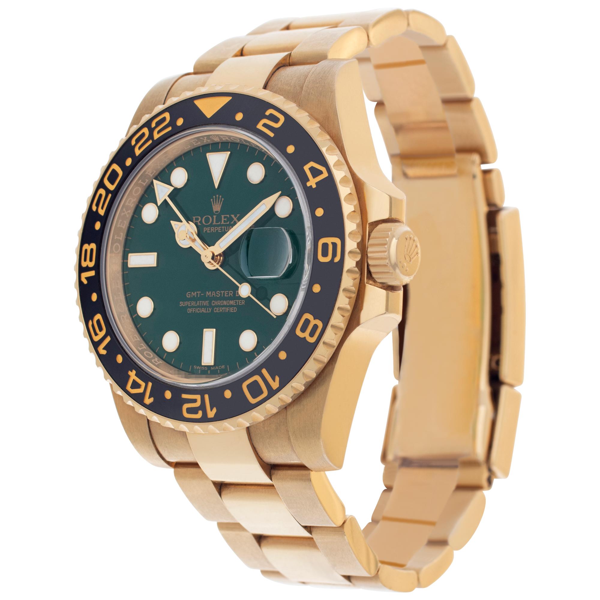 LIKE NEW! Rolex GMT-Master II in 18k with green dial. Auto w/ sweep seconds and date. 40 mm case size. With box and papers. Ref 116718. Circa 2007. **Bank Wire Only At This Price** Fine Pre-owned Rolex Watch. Certified preowned Dress Rolex