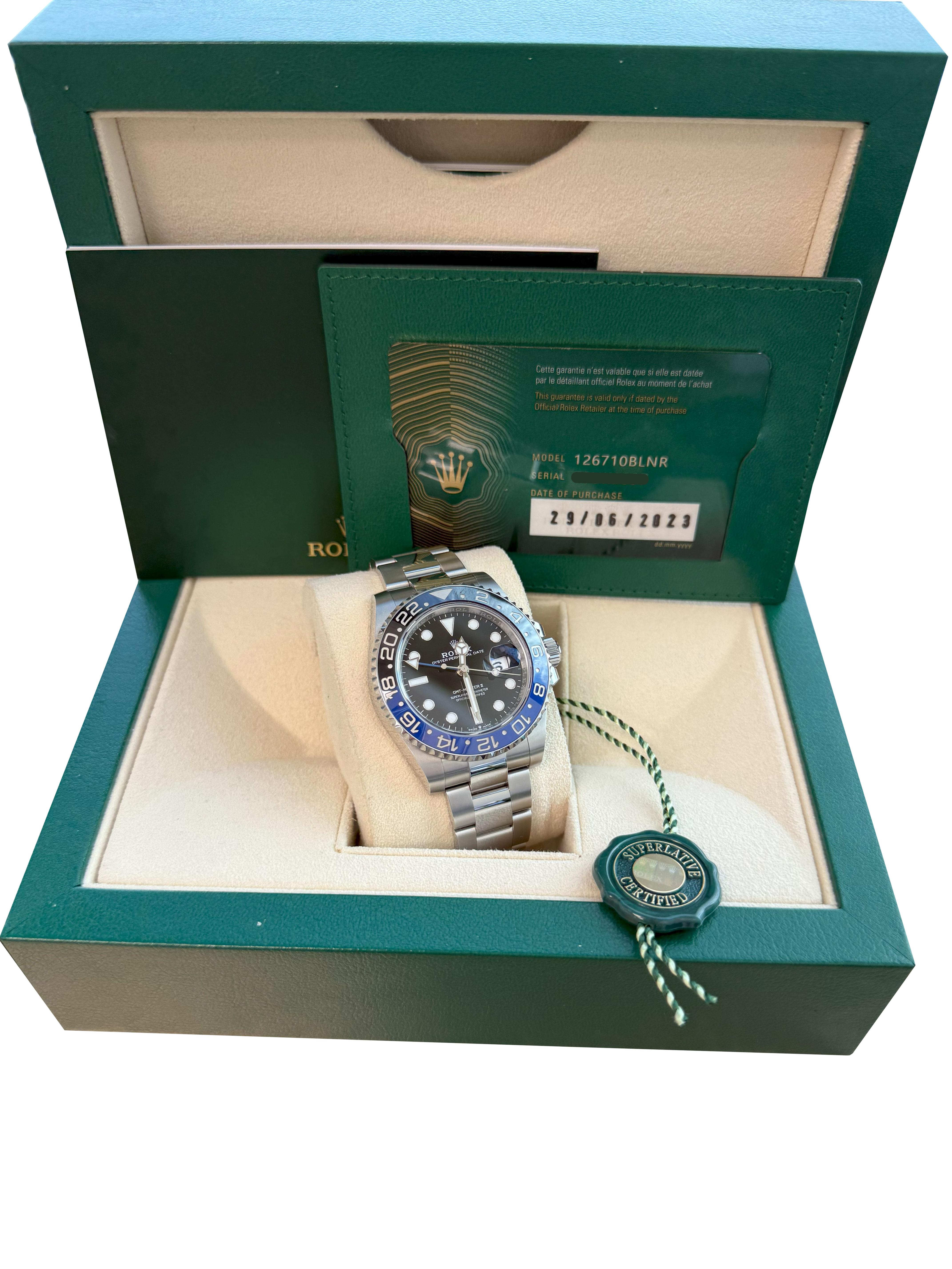 Modernist Rolex GMT-Master II 40mm Batman Black Blue Ceramic Bezel Oyster Watch 126710 For Sale