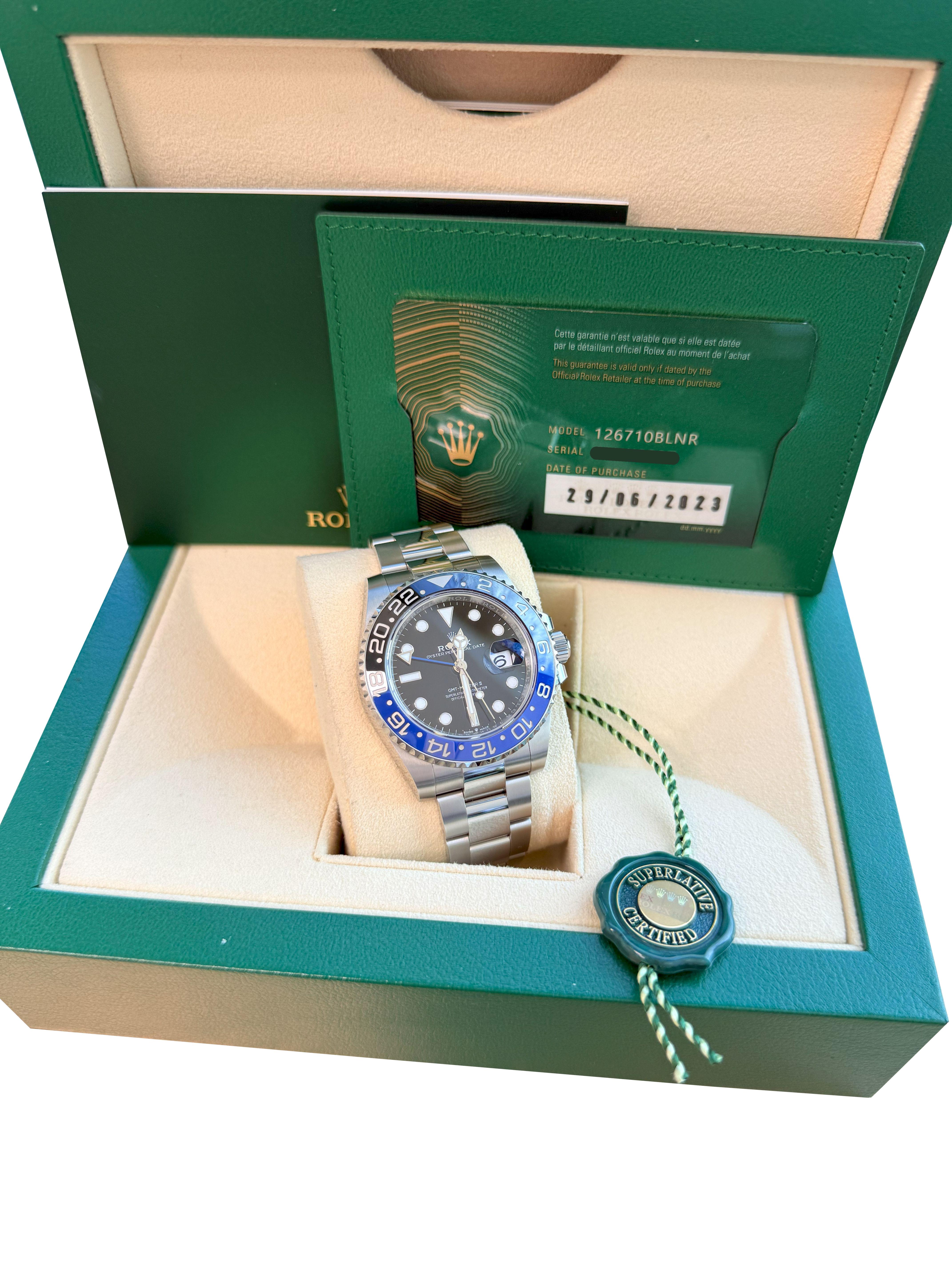 Women's or Men's Rolex GMT-Master II 40mm Batman Black Blue Ceramic Bezel Oyster Watch 126710 For Sale